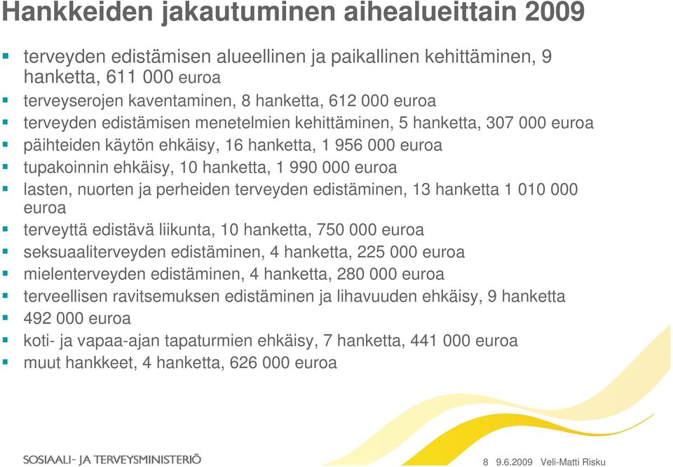 terveyden edistäminen, 13 hanketta 1 010 000 euroa terveyttä edistävä liikunta, 10 hanketta, 750 000 euroa seksuaaliterveyden edistäminen, 4 hanketta, 225 000 euroa mielenterveyden edistäminen, 4
