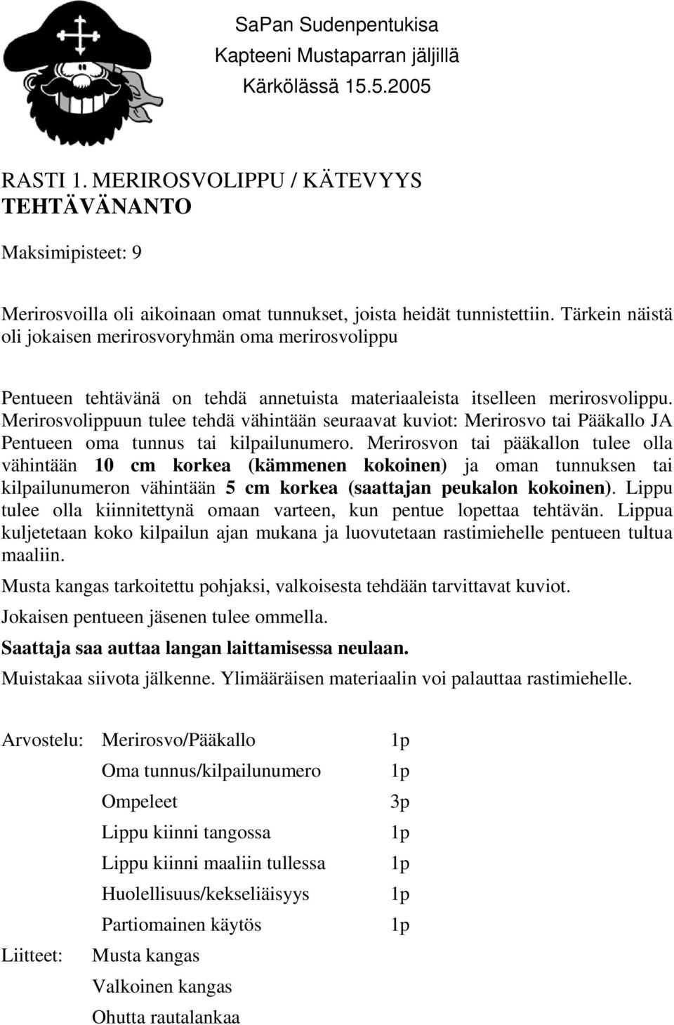 Merirosvolippuun tulee tehdä vähintään seuraavat kuviot: Merirosvo tai Pääkallo JA Pentueen oma tunnus tai kilpailunumero.