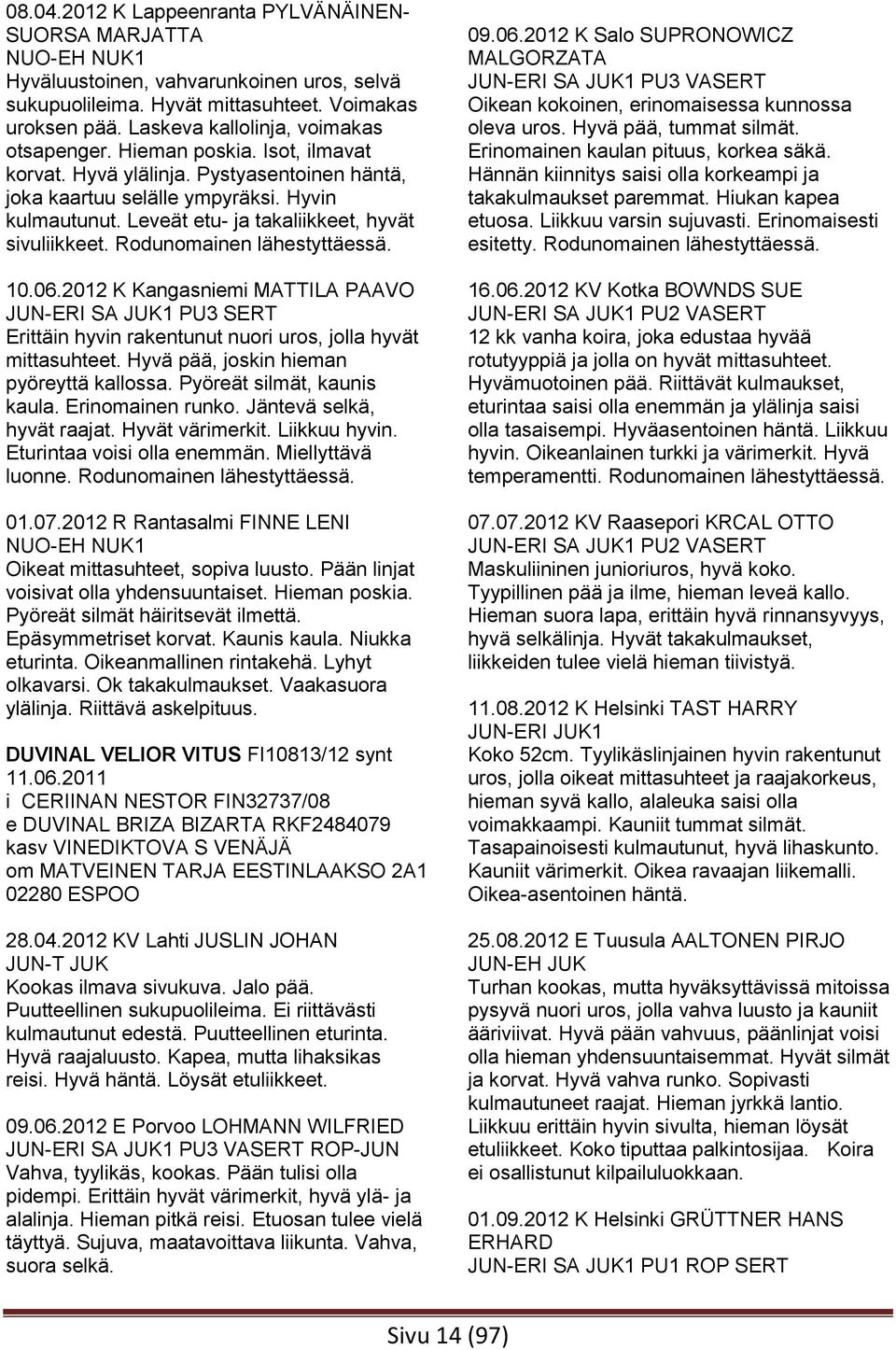 Leveät etu- ja takaliikkeet, hyvät sivuliikkeet. 10.06.2012 K Kangasniemi MATTILA PAAVO JUN-ERI SA JUK1 PU3 SERT Erittäin hyvin rakentunut nuori uros, jolla hyvät mittasuhteet.