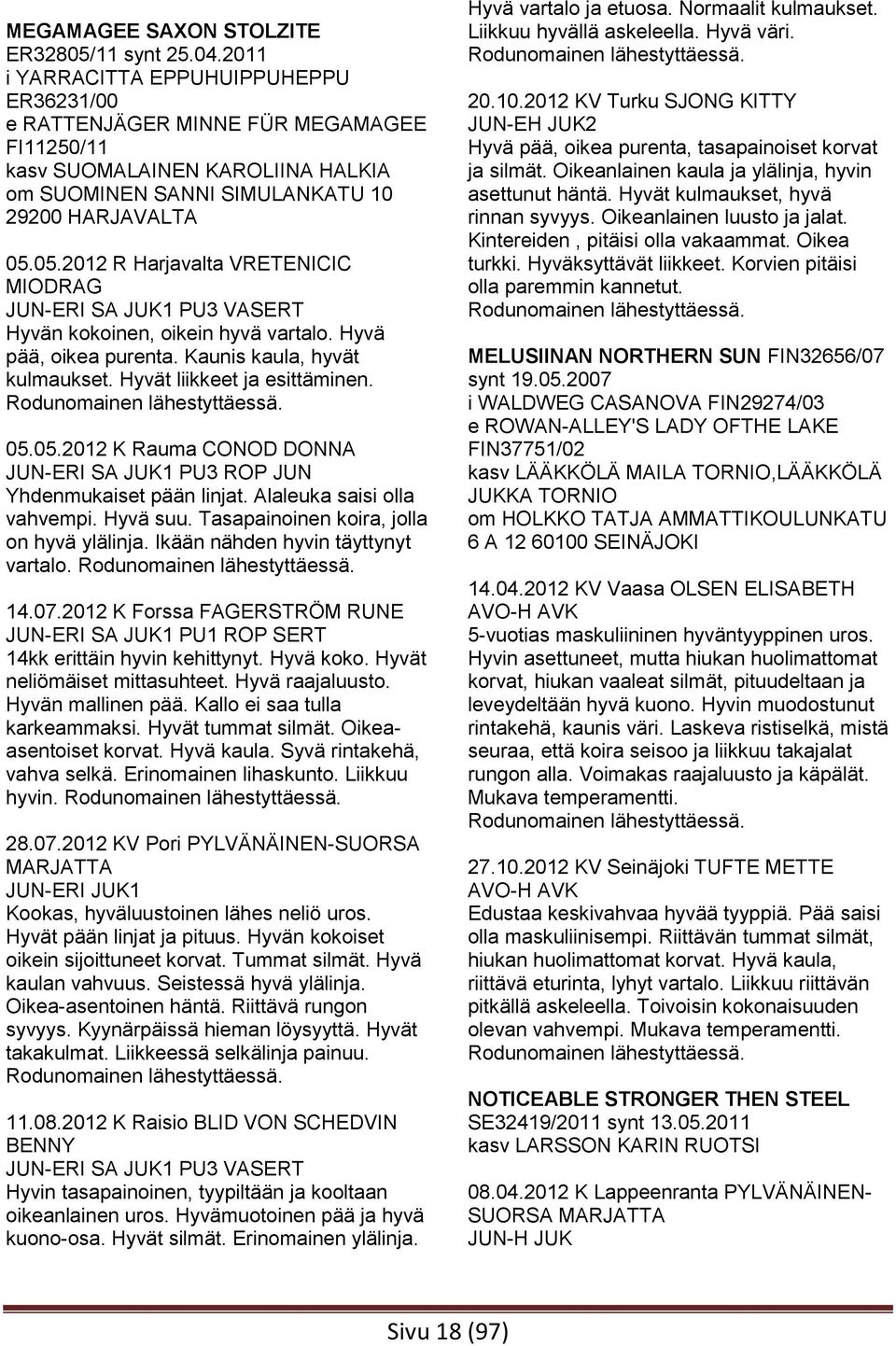 05.2012 R Harjavalta VRETENICIC MIODRAG JUN-ERI SA JUK1 PU3 VASERT Hyvän kokoinen, oikein hyvä vartalo. Hyvä pää, oikea purenta. Kaunis kaula, hyvät kulmaukset. Hyvät liikkeet ja esittäminen. 05.05.2012 K Rauma CONOD DONNA JUN-ERI SA JUK1 PU3 ROP JUN Yhdenmukaiset pään linjat.