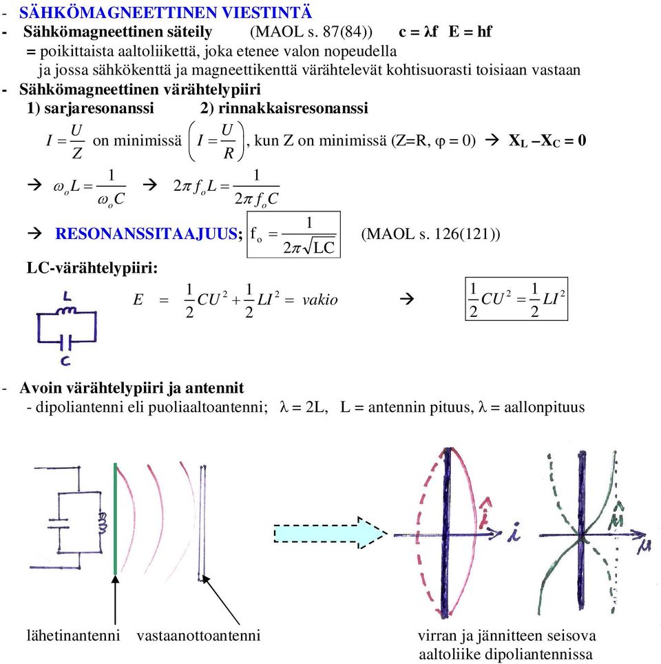 Sähkömagneettinen värähtelypiiri ) sarjaresonanssi ) rinnakkaisresonanssi U U I= on minimissä I = Z R, kun Z on minimissä (Z=R, ϕ = 0) X L X C = 0 ωol = ω C π fol= π f C o o