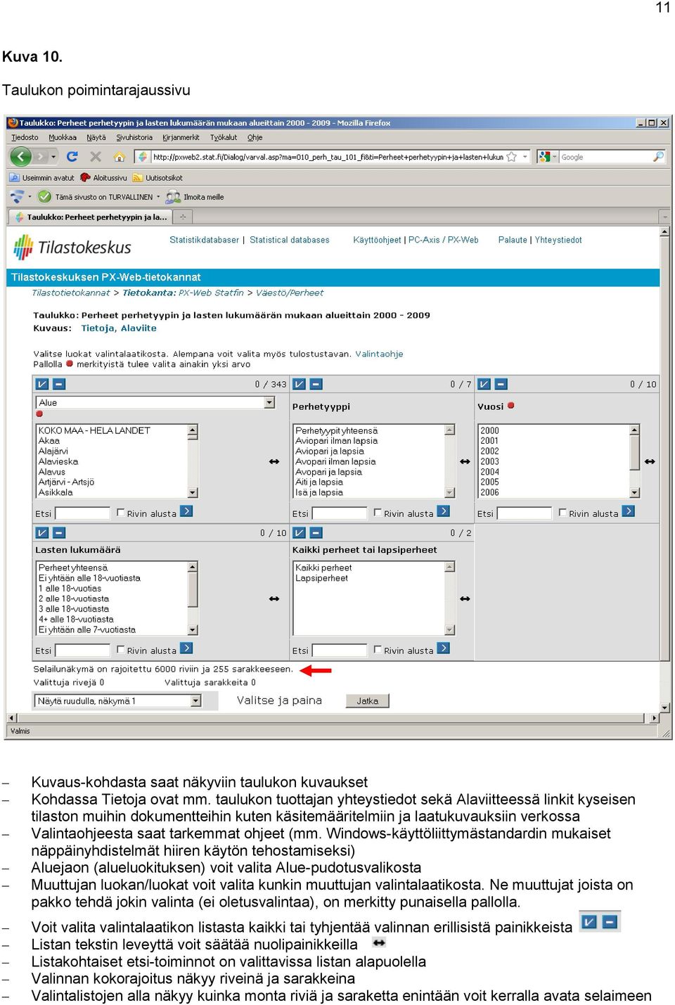 Windows-käyttöliittymästandardin mukaiset näppäinyhdistelmät hiiren käytön tehostamiseksi) Aluejaon (alueluokituksen) voit valita Alue-pudotusvalikosta Muuttujan luokan/luokat voit valita kunkin