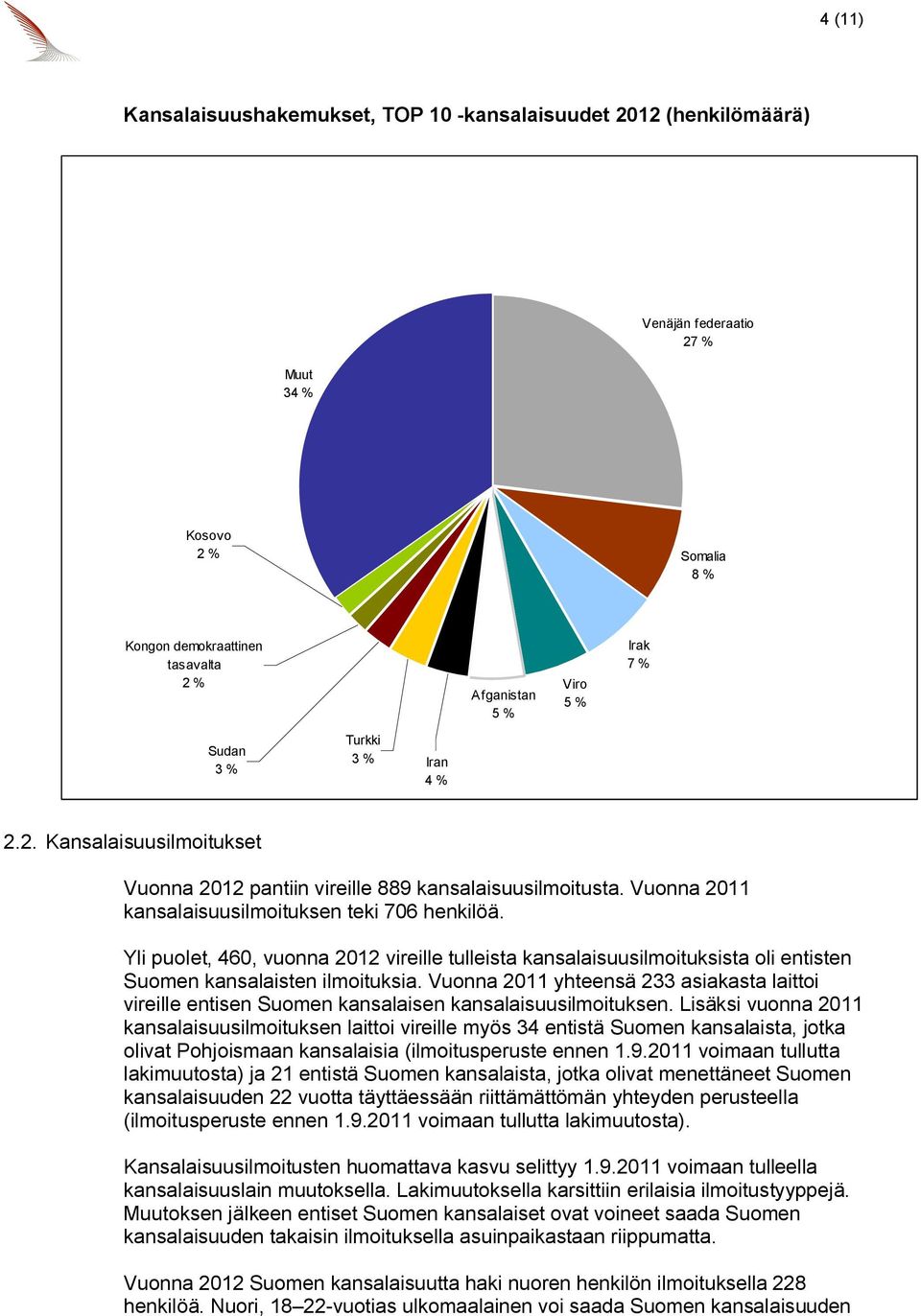 Yli puolet, 460, vuonna 2012 vireille tulleista kansalaisuusilmoituksista oli entisten Suomen kansalaisten ilmoituksia.