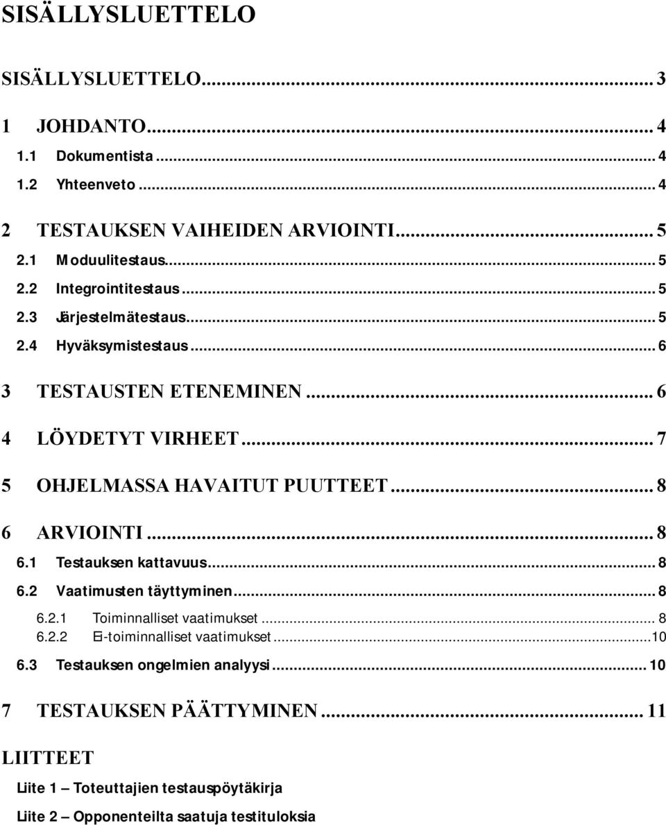 .. 8 6.1 Testauksen kattavuus... 8 6.2 Vaatimusten täyttyminen... 8 6.2.1 Toiminnalliset vaatimukset... 8 6.2.2 Ei toiminnalliset vaatimukset...10 6.