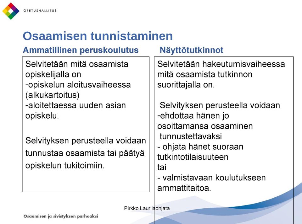 Selvityksen perusteella voidaan tunnustaa osaamista tai päätyä opiskelun tukitoimiin.