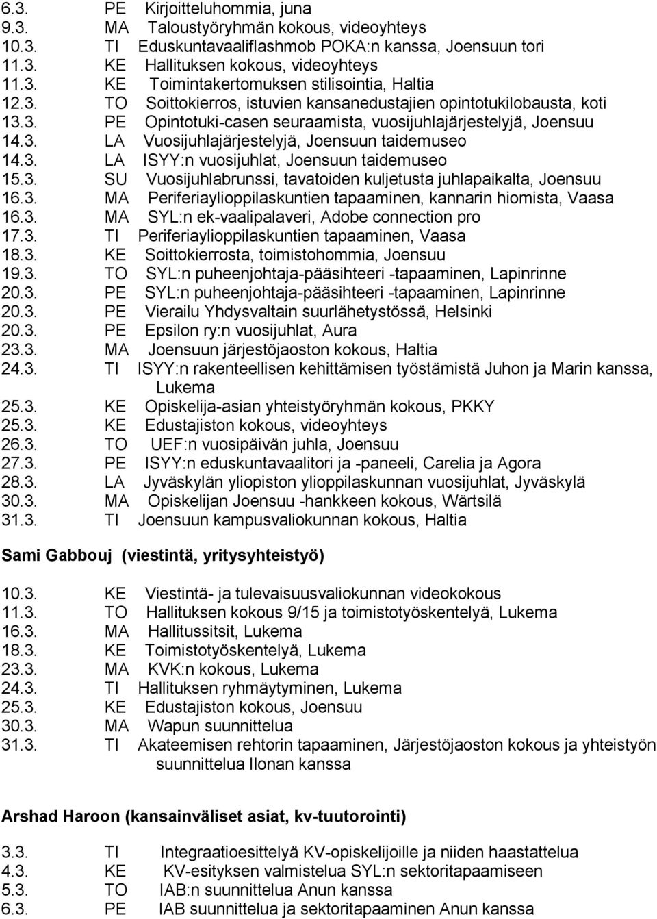 3. LA ISYY:n vuosijuhlat, Joensuun taidemuseo 15.3. SU Vuosijuhlabrunssi, tavatoiden kuljetusta juhlapaikalta, Joensuu 16.3. MA Periferiaylioppilaskuntien tapaaminen, kannarin hiomista, Vaasa 16.3. MA SYL:n ek-vaalipalaveri, Adobe connection pro 17.