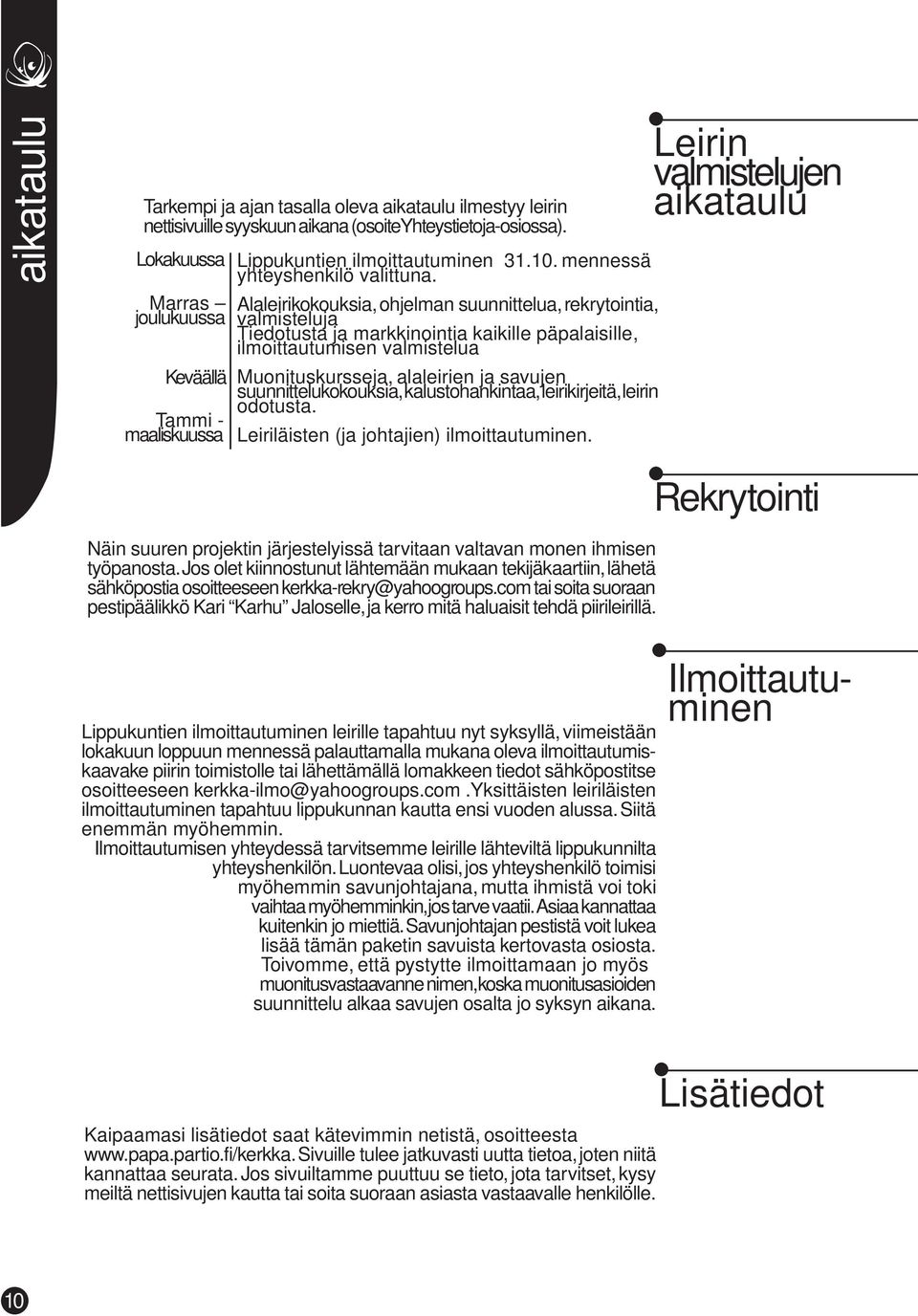 Alaleirikokouksia, ohjelman suunnittelua, rekrytointia, valmisteluja Tiedotusta ja markkinointia kaikille päpalaisille, ilmoittautumisen valmistelua Muonituskursseja, alaleirien ja savujen