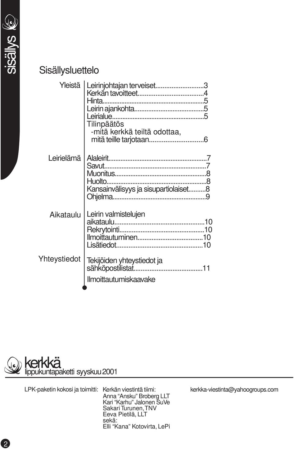 ..9 Leirin valmistelujen aikataulu...10 Rekrytointi...10 Ilmoittautuminen...10 Lisätiedot...10 Tekijöiden yhteystiedot ja sähköpostilistat.