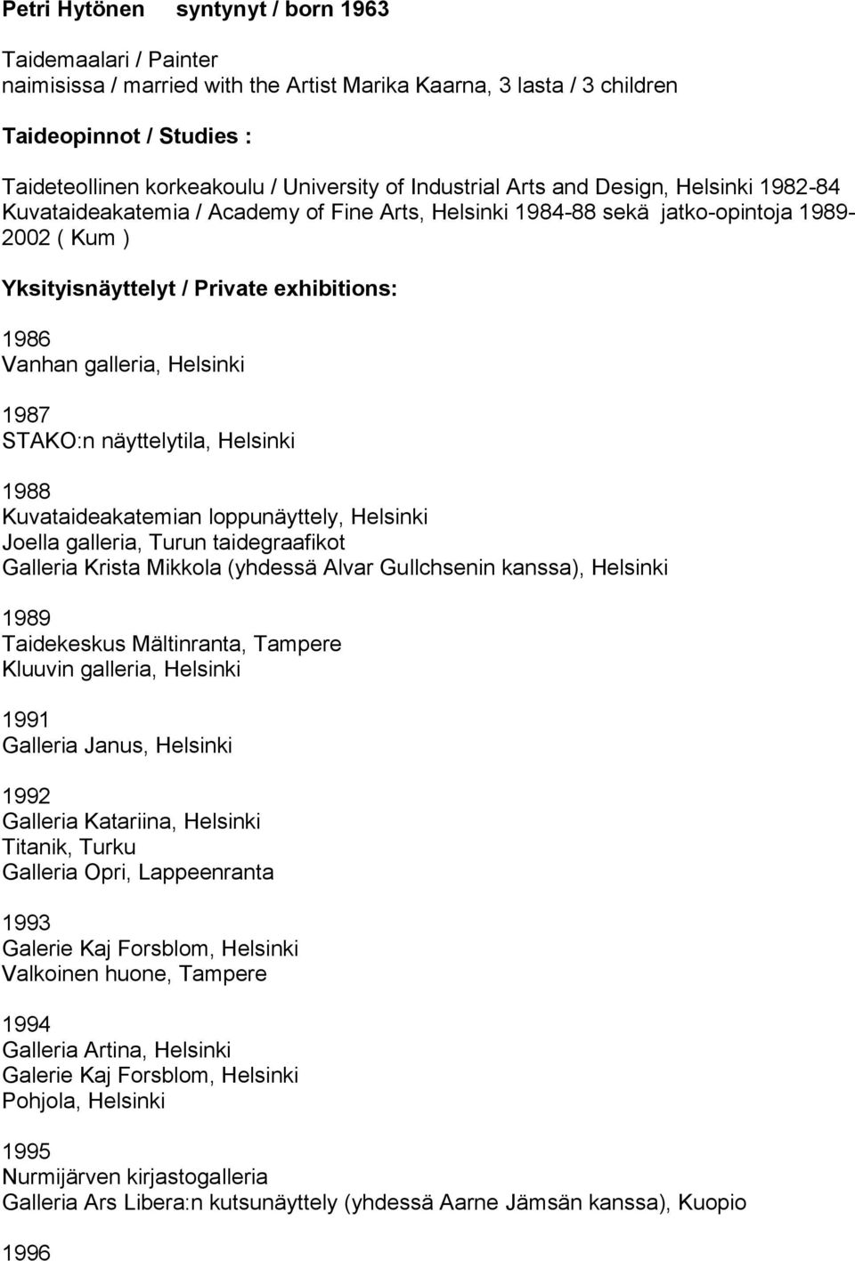 galleria, Helsinki 1987 STAKO:n näyttelytila, Helsinki 1988 Kuvataideakatemian loppunäyttely, Helsinki Joella galleria, Turun taidegraafikot Galleria Krista Mikkola (yhdessä Alvar Gullchsenin