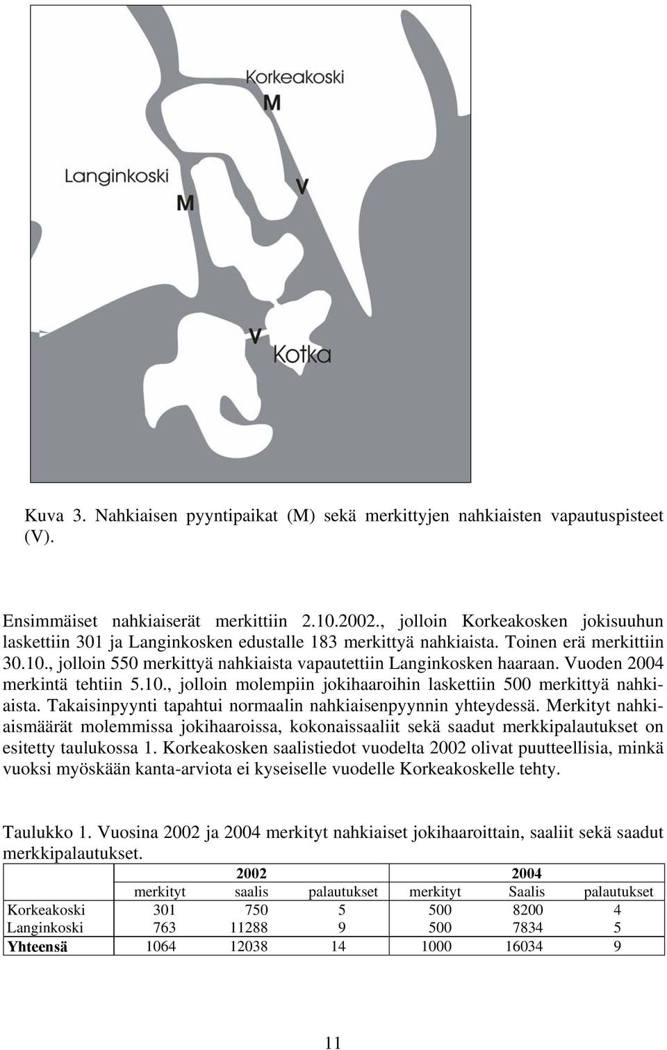 Vuoden 2004 merkintä tehtiin 5.10., jolloin molempiin jokihaaroihin laskettiin 500 merkittyä nahkiaista. Takaisinpyynti tapahtui normaalin nahkiaisenpyynnin yhteydessä.