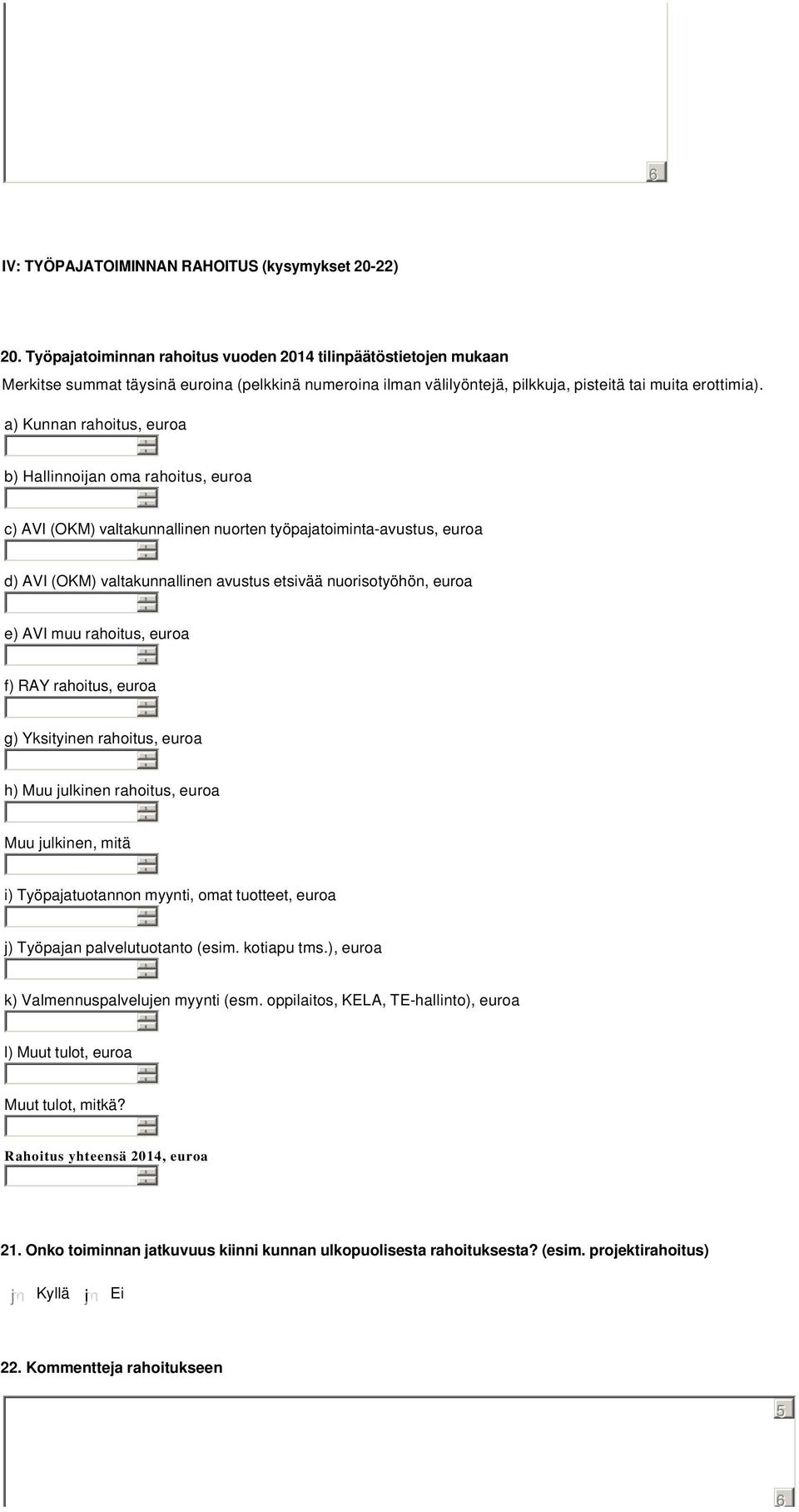 a) Kunnan rahoitus, euroa b) Hallinnoijan oma rahoitus, euroa c) AVI (OKM) valtakunnallinen nuorten työpajatoiminta-avustus, euroa d) AVI (OKM) valtakunnallinen avustus etsivää nuorisotyöhön, euroa