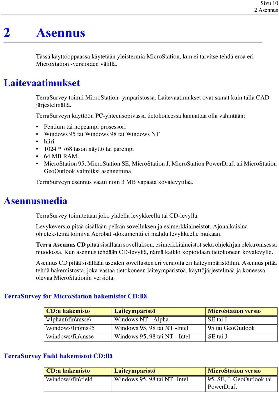 TerraSurveyn käyttöön PC-yhteensopivassa tietokoneessa kannattaa olla vähintään: Pentium tai nopeampi prosessori Windows 95 tai Windows 98 tai Windows NT hiiri 1024 * 768 tason näyttö tai parempi 64