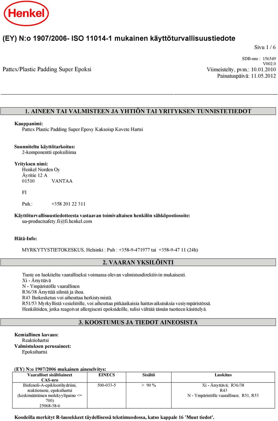 nimi: Henkel Norden Oy Äyritie 12 A 01510 VANTAA FI Puh.: +358 201 22 311 Käyttöturvallisuustiedotteesta vastaavan toimivaltaisen henkilön sähköpostiosoite: ua-productsafety.fi@fi.henkel.