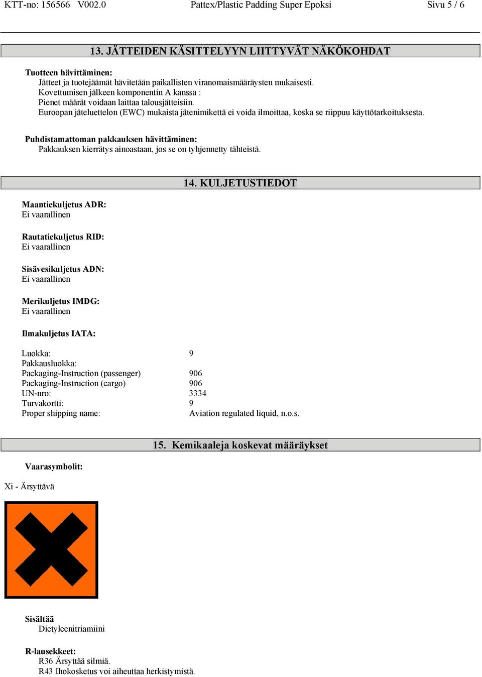 Kovettumisen jälkeen komponentin A kanssa : Pienet määrät voidaan laittaa talousjätteisiin.