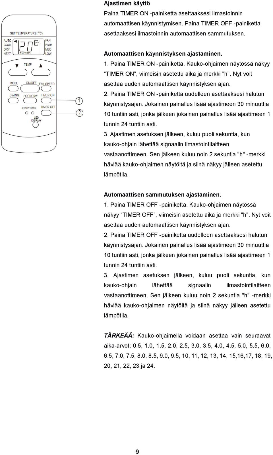 Nyt voit asettaa uuden automaattisen käynnistyksen ajan. 2. Paina TIMER ON -painiketta uudelleen asettaaksesi halutun käynnistysajan.