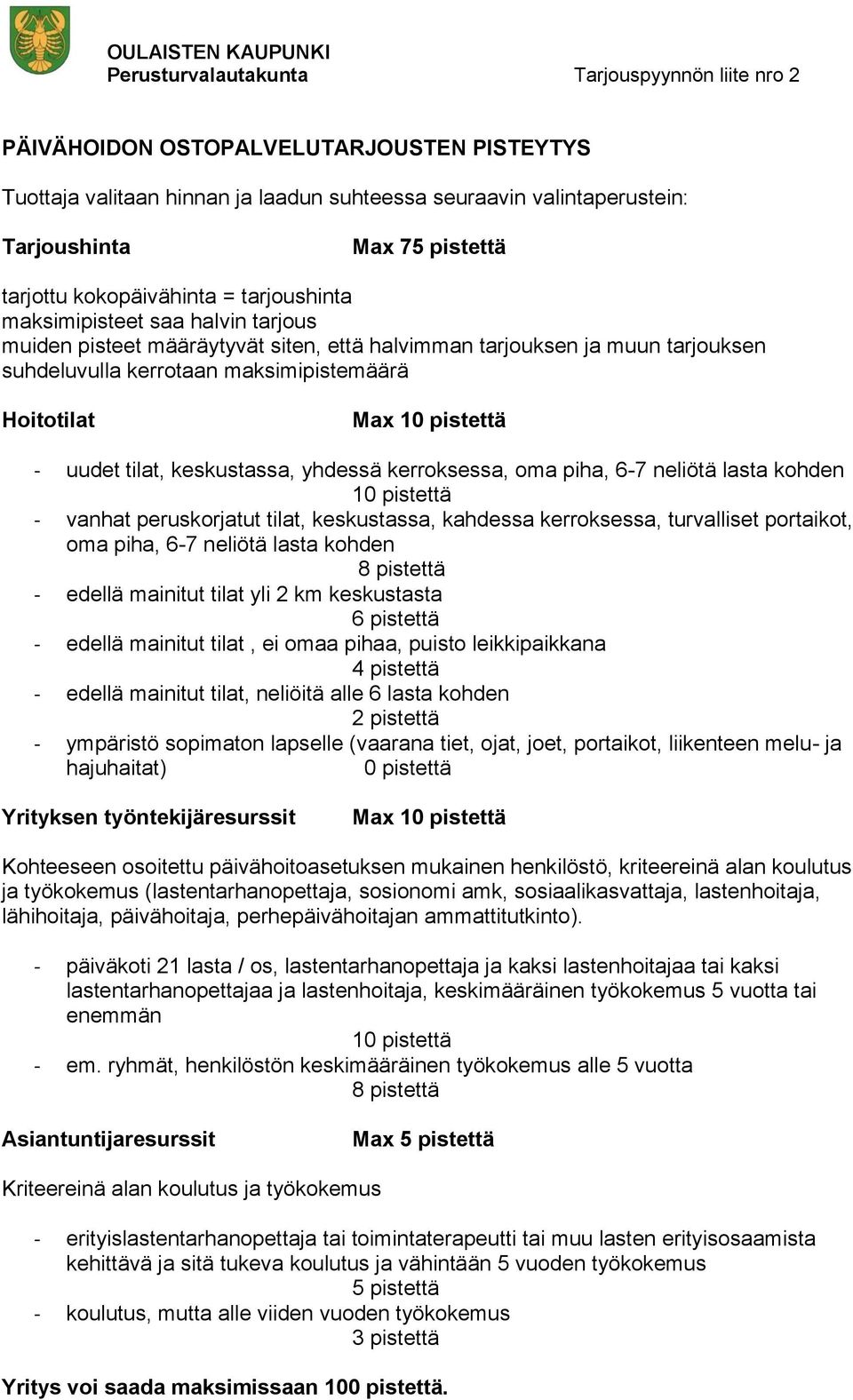Hoitotilat Max 10 pistettä - uudet tilat, keskustassa, yhdessä kerroksessa, oma piha, 6-7 neliötä lasta kohden 10 pistettä - vanhat peruskorjatut tilat, keskustassa, kahdessa kerroksessa, turvalliset