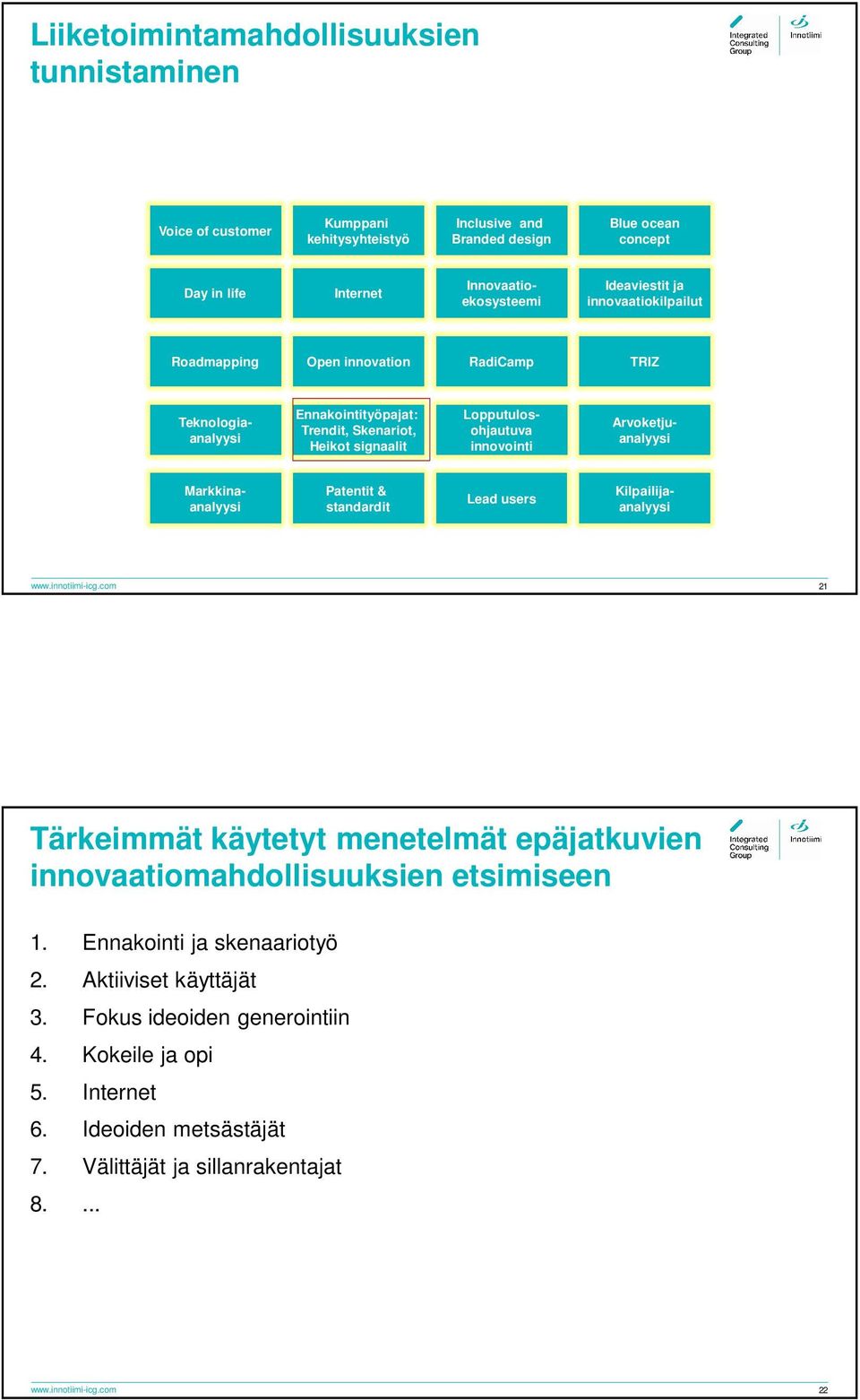 Arvoketjuanalyysi Patentit & standardit Lead users Markkinaanalyysi Kilpailijaanalyysi www.innotiimi-icg.