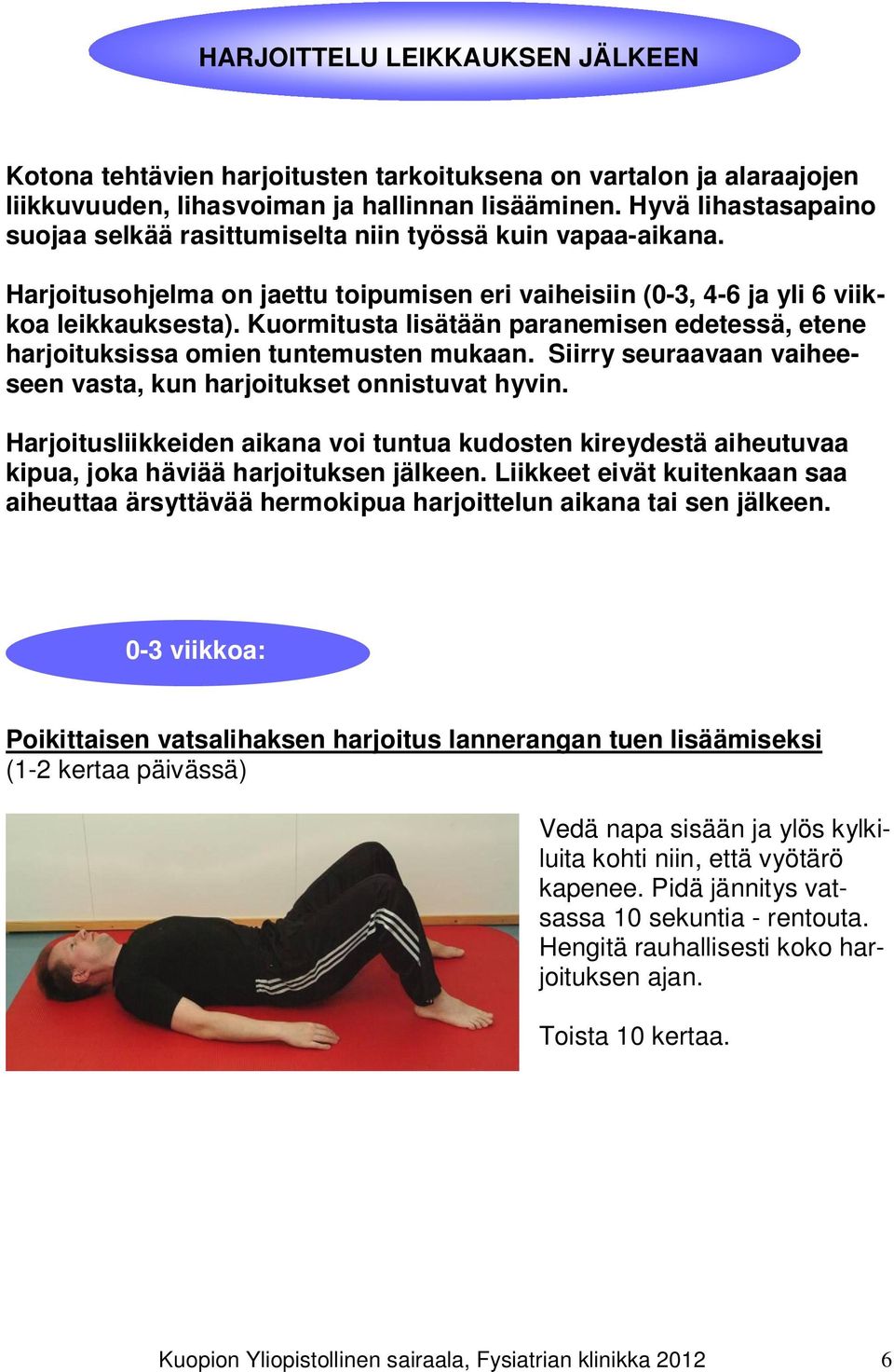 Kuormitusta lisätään paranemisen edetessä, etene harjoituksissa omien tuntemusten mukaan. Siirry seuraavaan vaiheeseen vasta, kun harjoitukset onnistuvat hyvin.