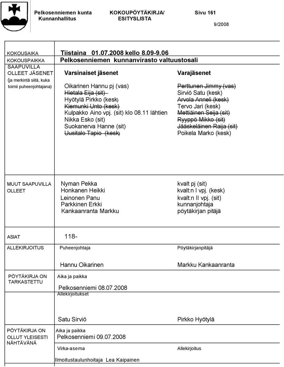 Perttunen Jimmy (vas) Hietala Eija (sit) Sirviö Satu (kesk) Hyötylä Pirkko (kesk) Arvola Anneli (kesk) Kiemunki Unto (kesk) Tervo Jari (kesk) Kulpakko Aino vpj. (sit) klo 08.