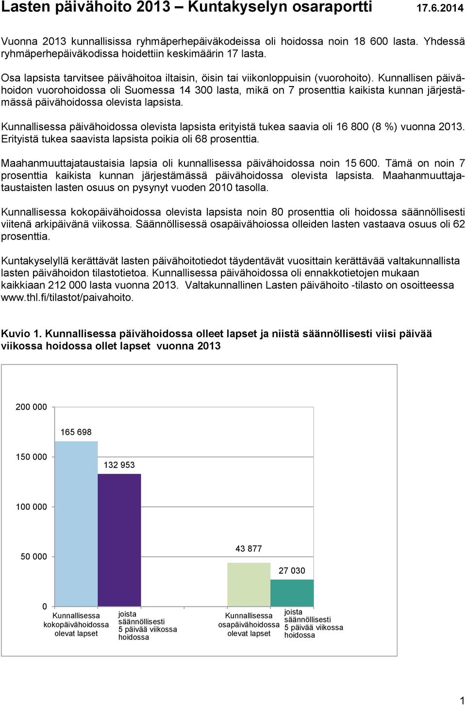 Kunnallisen päivähoidon vuorohoidossa oli Suomessa 14 300 lasta, mikä on 7 prosenttia kaikista kunnan järjestämässä päivähoidossa olevista lapsista.