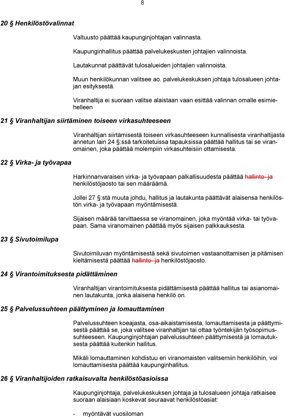 Viranhaltija ei suoraan valitse alaistaan vaan esittää valinnan omalle esimiehelleen 21 Viranhaltijan siirtäminen toiseen virkasuhteeseen 22 Virka- ja työvapaa 23 Sivutoimilupa 24 Virantoimituksesta