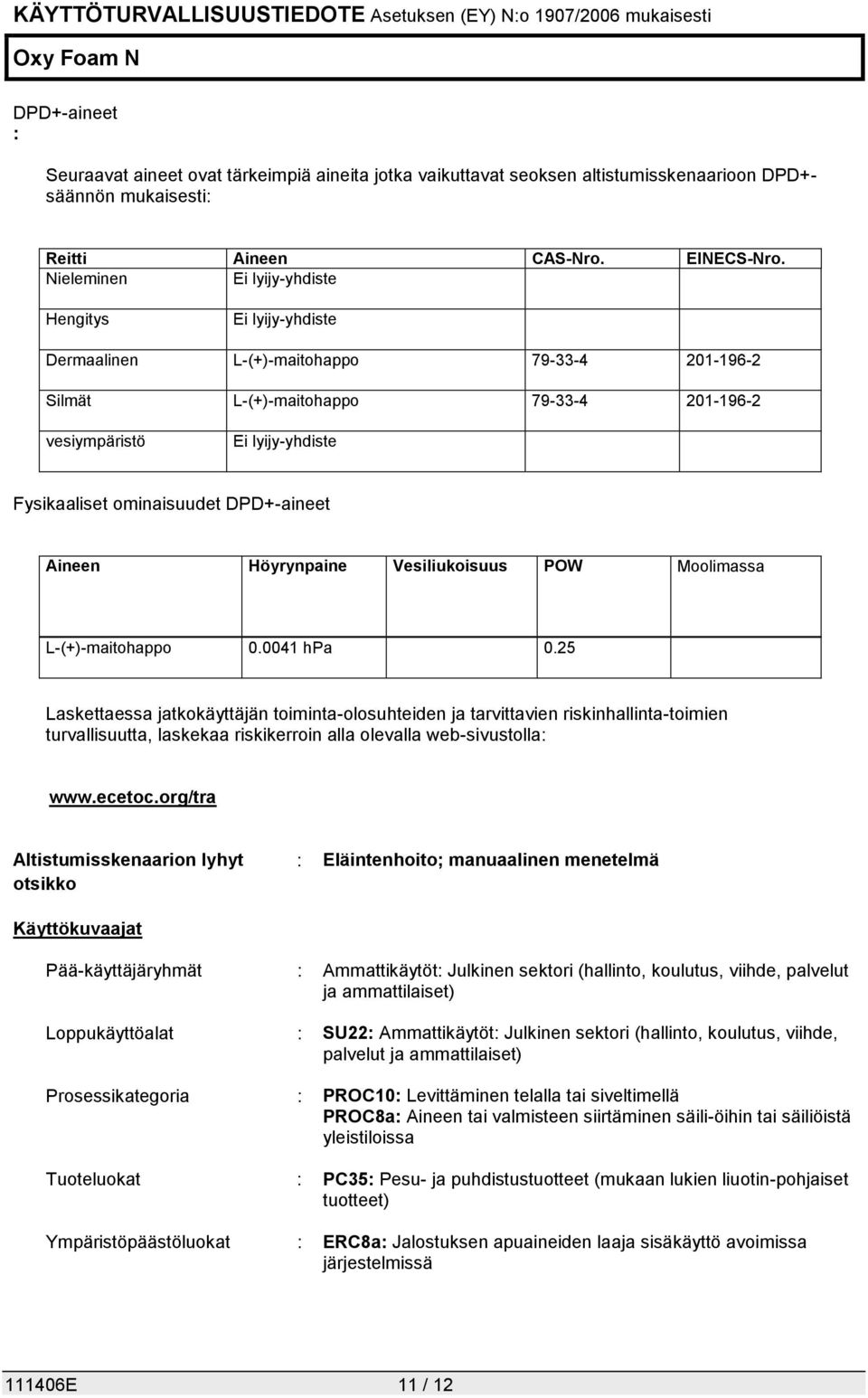 DPD+-aineet Aineen Höyrynpaine Vesiliukoisuus POW Moolimassa L-(+)-maitohappo 0.0041 hpa 0.