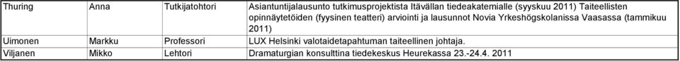 Yrkeshögskolanissa Vaasassa (tammikuu 2011) Uimonen Markku Professori LUX Helsinki