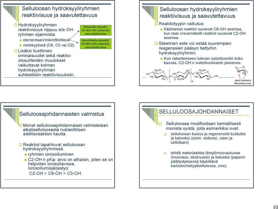 Kiteisellä alueella 10-15% H-ryhmistä saavutettavissa Amorfisella alueella 83-98% H-ryhmistä saavutettavissa Selluloosan hydroksyyliryhmien reaktiivisuus ja saavutettavuus Reaktiotyypin vaikutus: