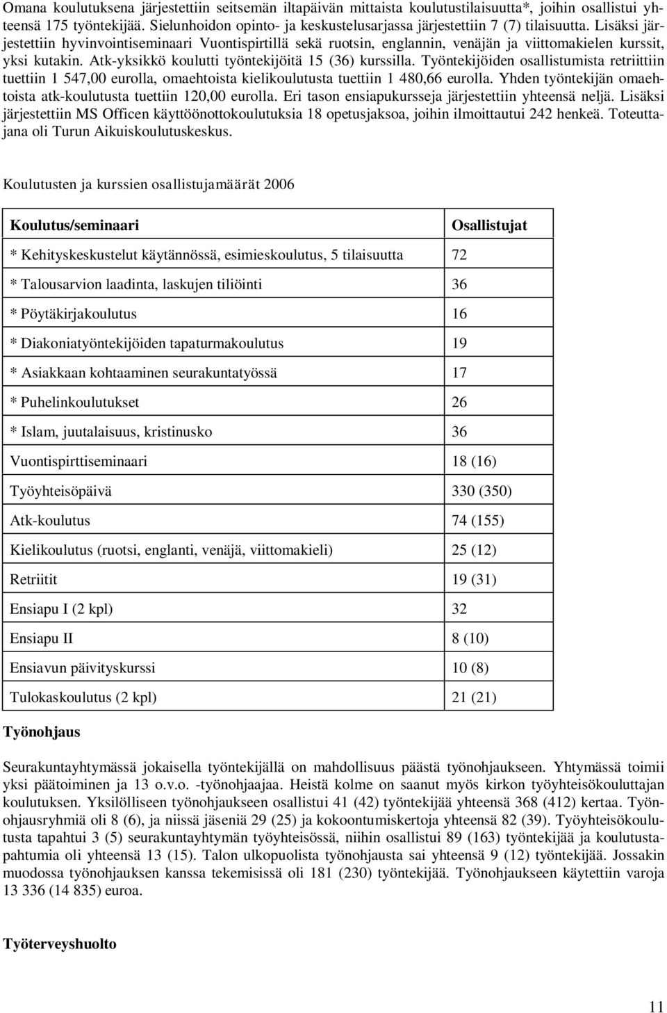 Lisäksi järjestettiin hyvinvointiseminaari Vuontispirtillä sekä ruotsin, englannin, venäjän ja viittomakielen kurssit, yksi kutakin. Atk-yksikkö koulutti työntekijöitä 15 (36) kurssilla.