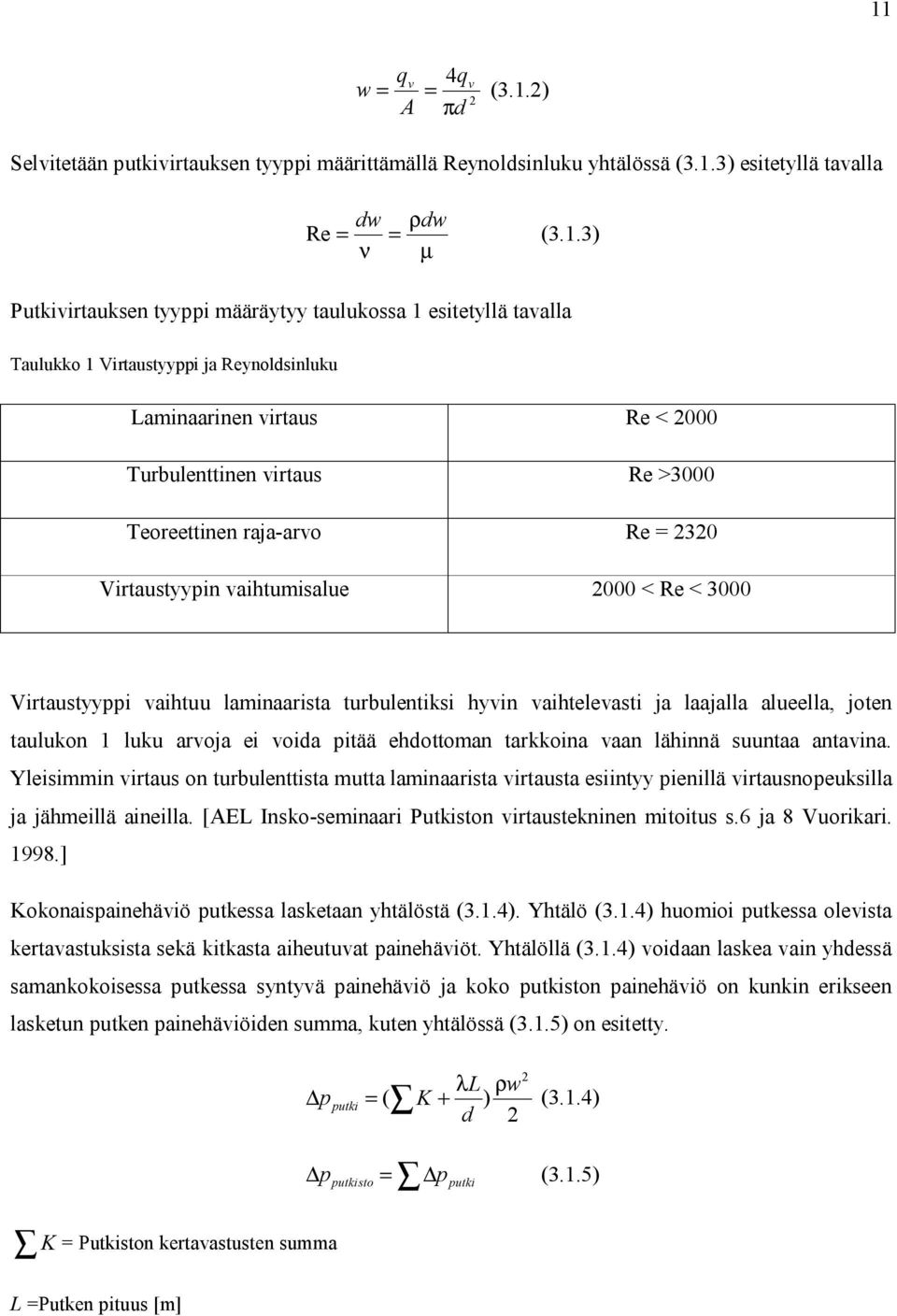 3000 Virtaustyyppi vaihtuu laminaarista turbulentiksi hyvin vaihtelevasti ja laajalla alueella, jten taulukn 1 luku arvja ei vida pitää ehdttman tarkkina vaan lähinnä suuntaa antavina.