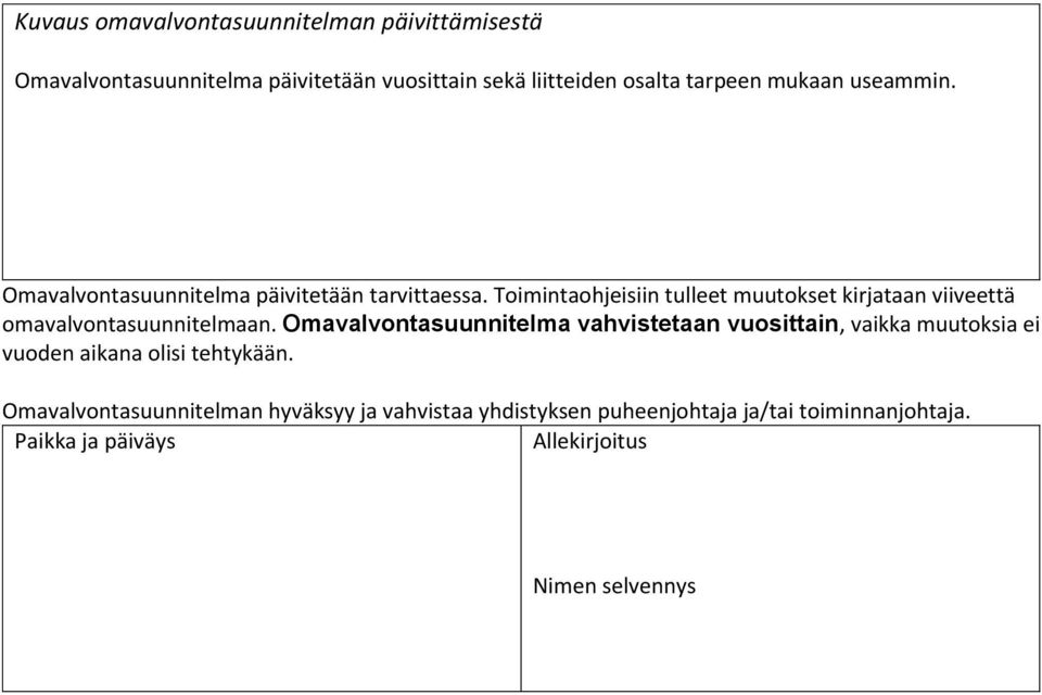 Toimintaohjeisiin tulleet muutokset kirjataan viiveettä omavalvontasuunnitelmaan.