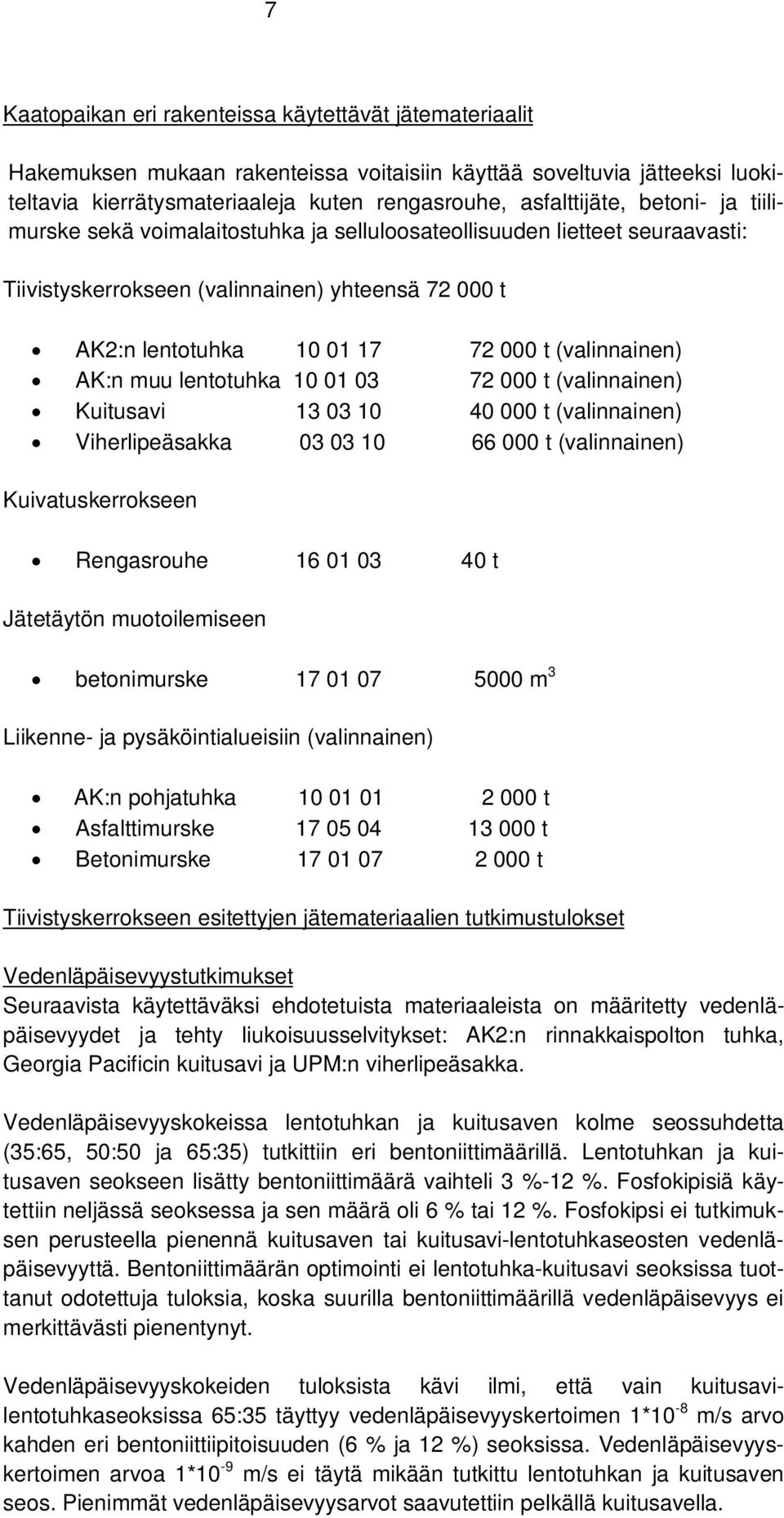 muu lentotuhka 10 01 03 72 000 t (valinnainen) Kuitusavi 13 03 10 40 000 t (valinnainen) Viherlipeäsakka 03 03 10 66 000 t (valinnainen) Kuivatuskerrokseen Rengasrouhe 16 01 03 40 t Jätetäytön