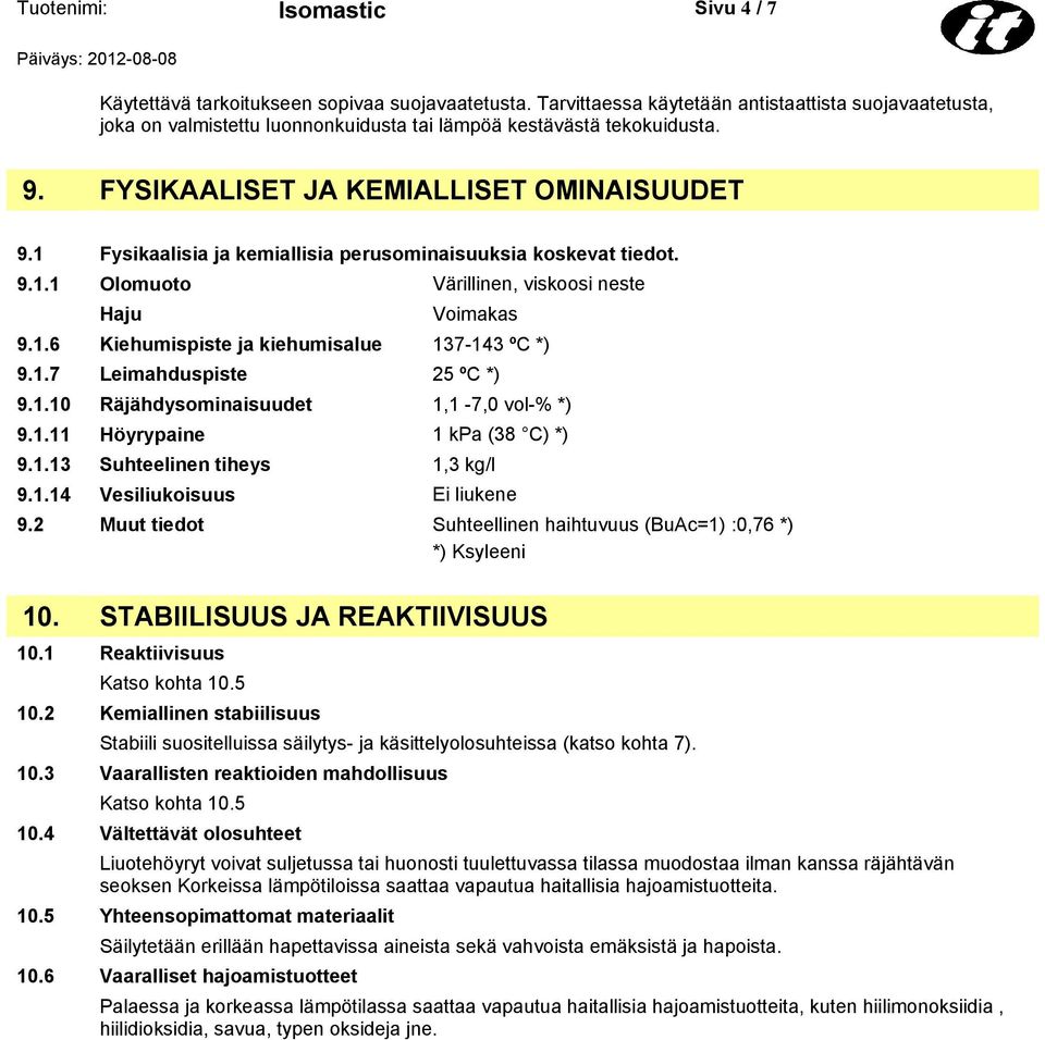 1.7 Leimahduspiste 25 ºC *) 9.1.10 Räjähdysominaisuudet 1,1-7,0 vol-% *) 9.1.11 Höyrypaine 1 kpa (38 C) *) 9.1.13 Suhteelinen tiheys 1,3 kg/l 9.1.14 Vesiliukoisuus Ei liukene 9.