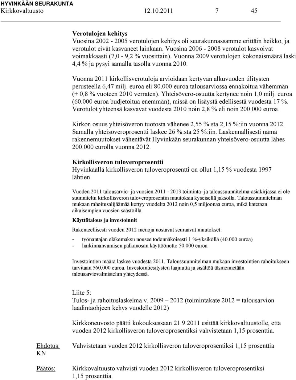 Vuonna 2011 kirkollisverotuloja arvioidaan kertyvän alkuvuoden tilitysten perusteella 6,47 milj. euroa eli 80.000 euroa talousarviossa ennakoitua vähemmän (+ 0,8 % vuoteen 2010 verraten).