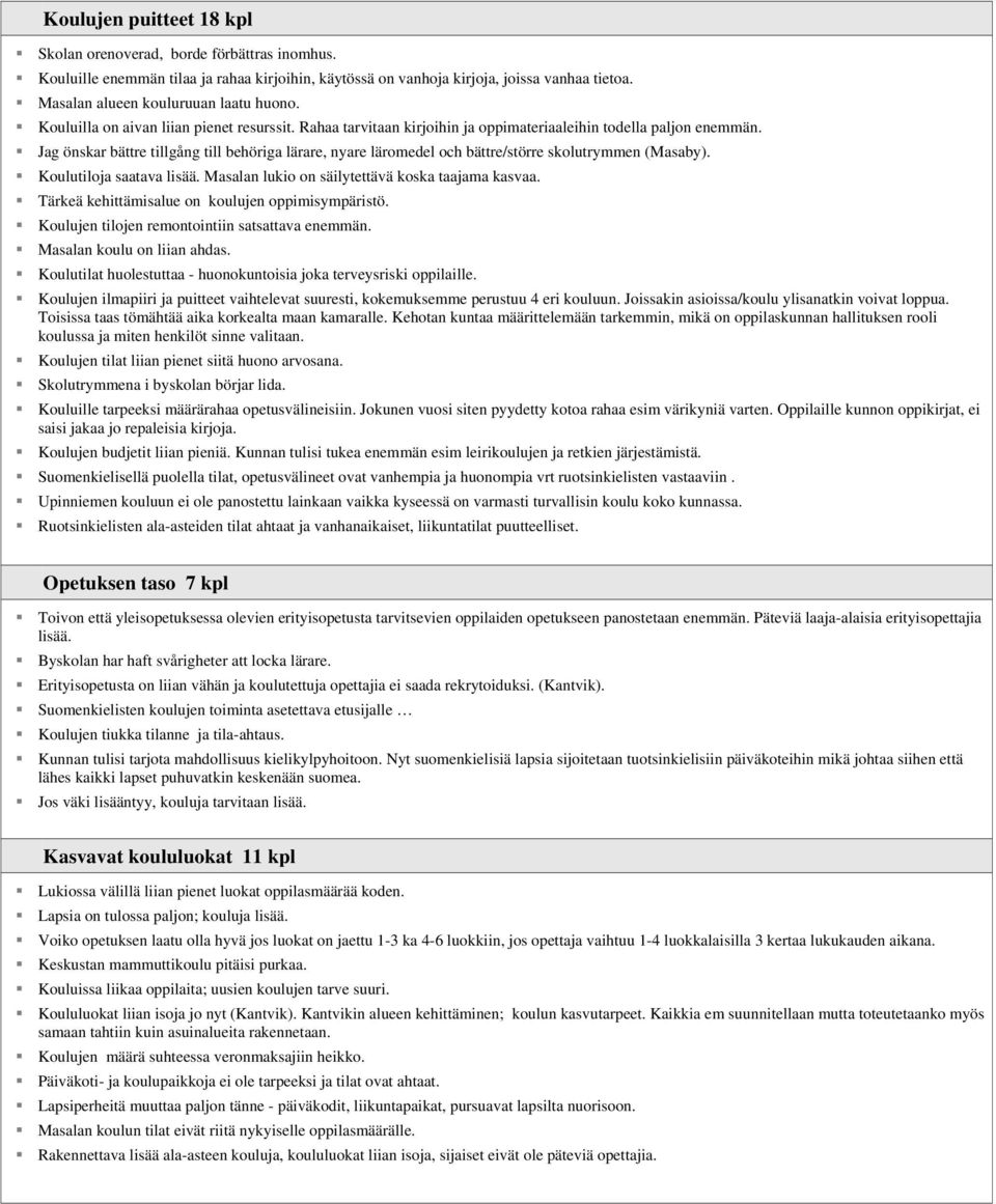 Jag önskar bättre tillgång till behöriga lärare, nyare läromedel och bättre/större skolutrymmen (Masaby). Koulutiloja saatava lisää. Masalan lukio on säilytettävä koska taajama kasvaa.