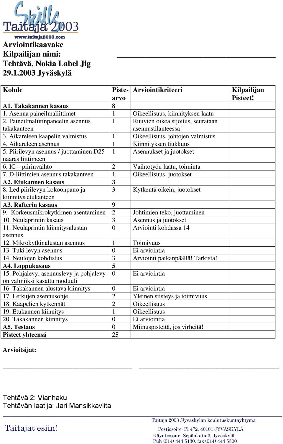 Aikareleen kaapelin valmistus 1 Oikeellisuus, johtojen valmistus 4. Aikareleen asennus 1 Kiinnityksen tiukkuus 5. Piirilevyn asennus / juottaminen D25 1 Asennukset ja juotokset naaras liittimeen 6.