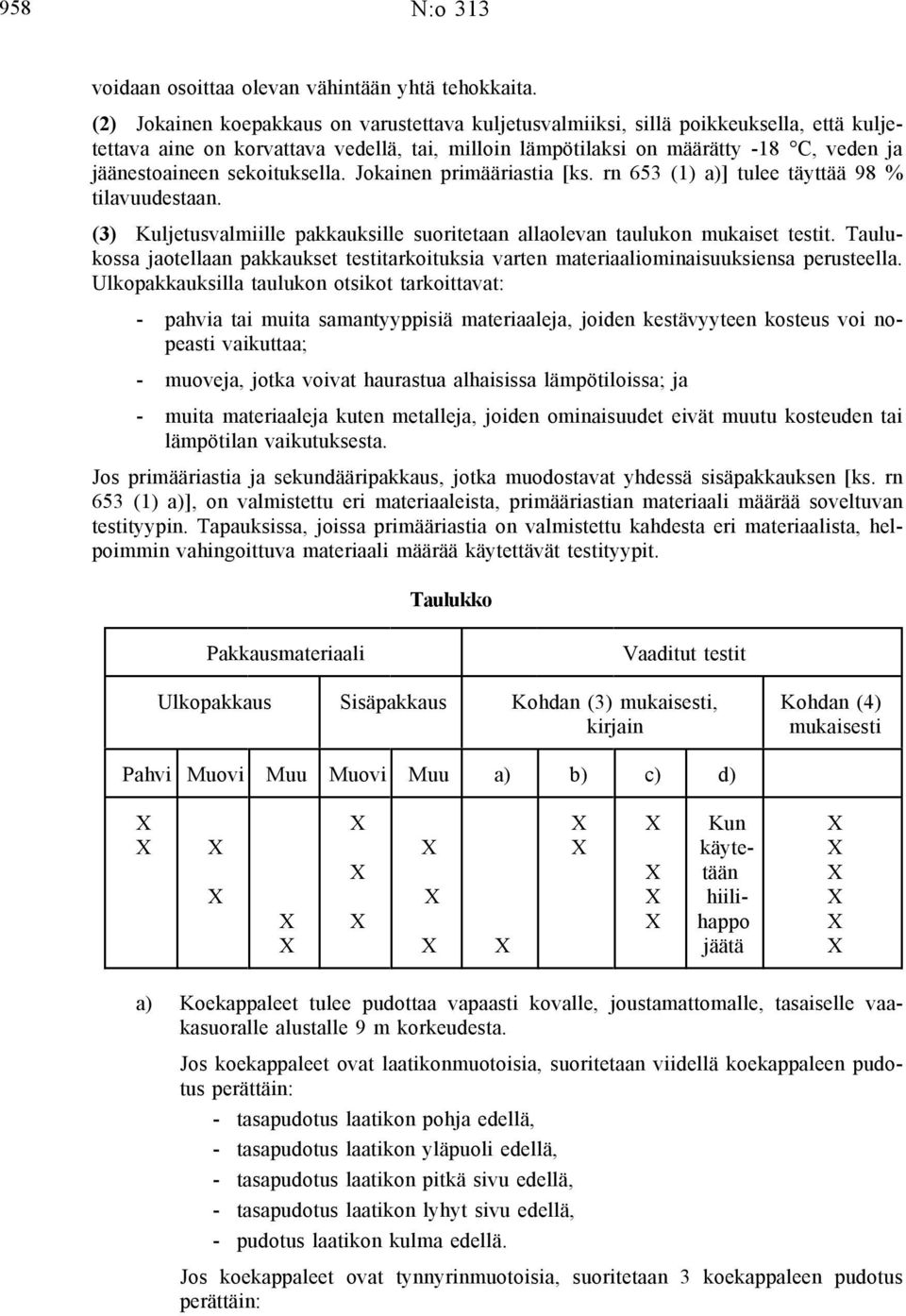 sekoituksella. Jokainen primääriastia [ks. rn 653 (1) a)] tulee täyttää 98 % tilavuudestaan. (3) Kuljetusvalmiille pakkauksille suoritetaan allaolevan taulukon mukaiset testit.