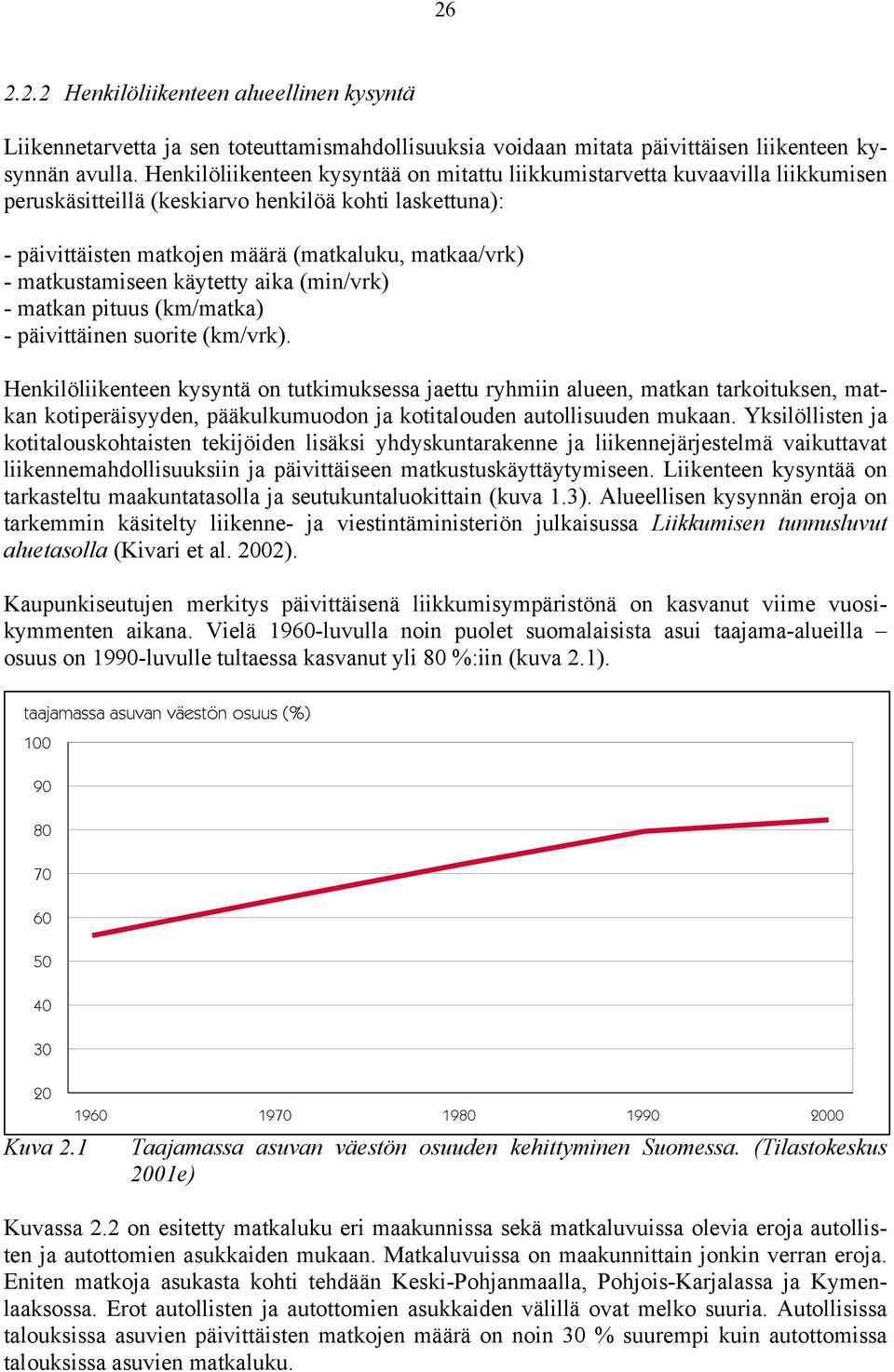 matkustamiseen käytetty aika (min/vrk) - matkan pituus (km/matka) - päivittäinen suorite (km/vrk).