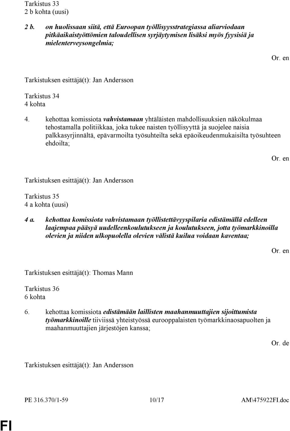 kehottaa komissiota vahvistamaan yhtäläisten mahdollisuuksien näkökulmaa tehostamalla politiikkaa, joka tukee naisten työllisyyttä ja suojelee naisia palkkasyrjinnältä, epävarmoilta työsuhteilta sekä