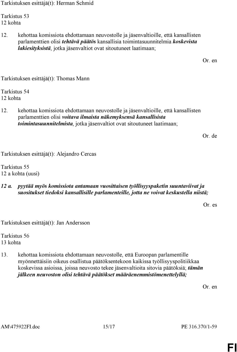 ovat sitoutuneet laatimaan; Tarkistuksen esittäjä(t): Thomas Mann Tarkistus 54 12 kohta 12.