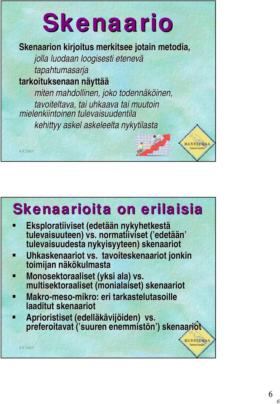 normatiiviset ( edetään tulevaisuudesta nykyisyyteen) skenaariot " Uhkaskenaariot vs. tavoiteskenaariot jonkin toimijan näkökulmasta " Monosektoraaliset (yksi ala) vs.