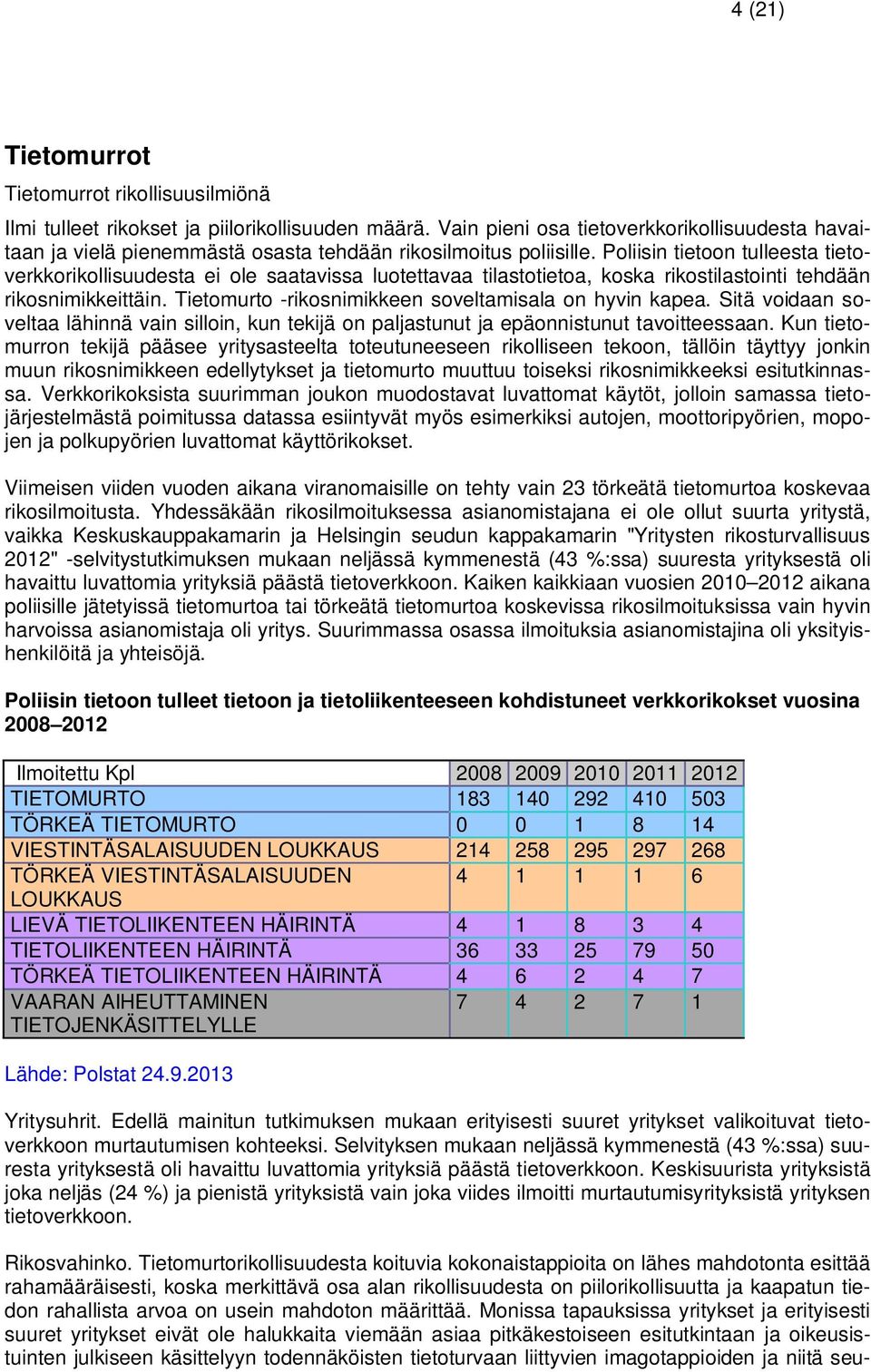 Poliisin tietoon tulleesta tietoverkkorikollisuudesta ei ole saatavissa luotettavaa tilastotietoa, koska rikostilastointi tehdään rikosnimikkeittäin.