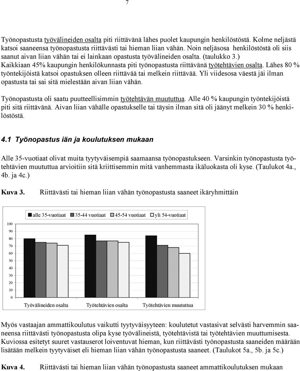 ) Kaikkiaan 45% kaupungin henkilökunnasta piti työnopastusta riittävänä työtehtävien osalta. Lähes 80 % työntekijöistä katsoi opastuksen olleen riittävää tai melkein riittävää.