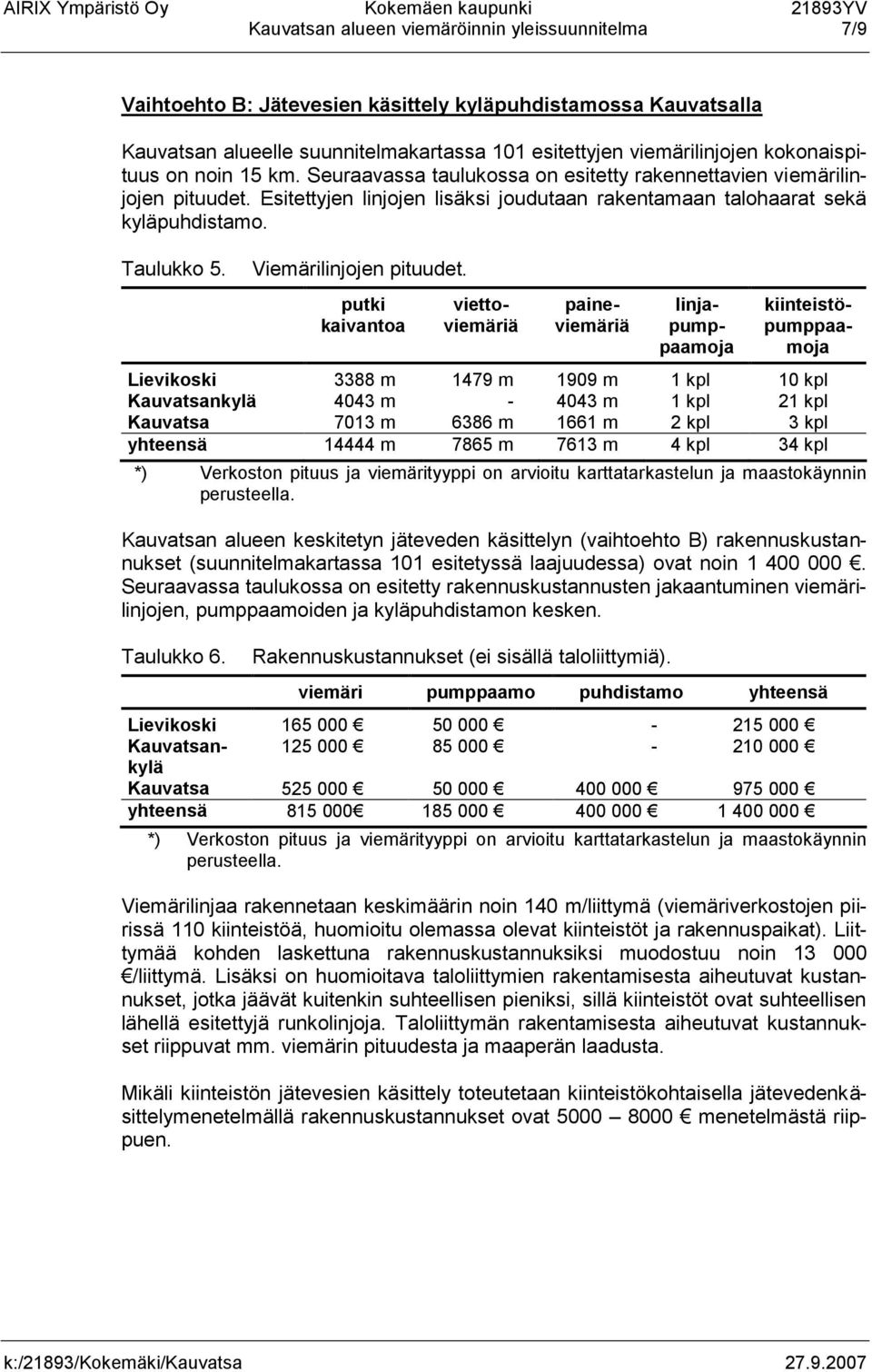 Viemärilinjojen pituudet.