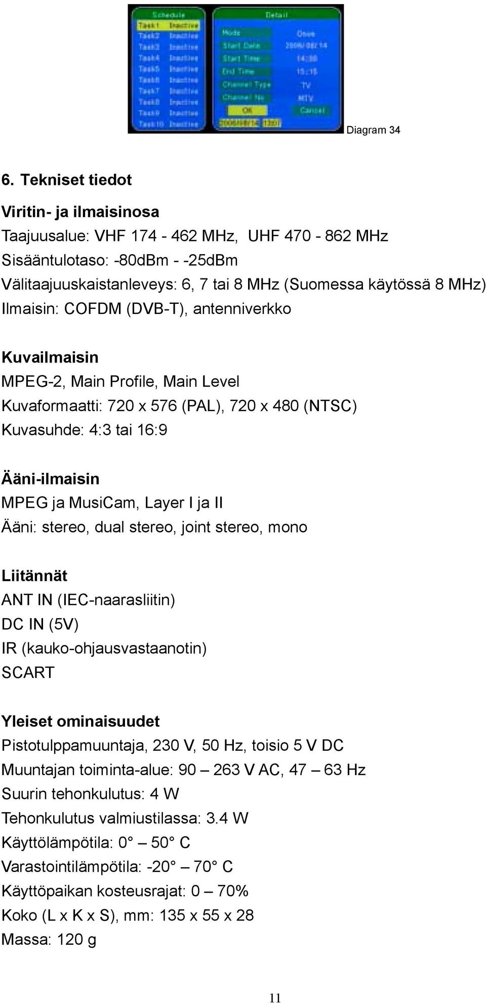 COFDM (DVB-T), antenniverkko Kuvailmaisin MPEG-2, Main Profile, Main Level Kuvaformaatti: 720 x 576 (PAL), 720 x 480 (NTSC) Kuvasuhde: 4:3 tai 16:9 Ääni-ilmaisin MPEG ja MusiCam, Layer I ja II Ääni: