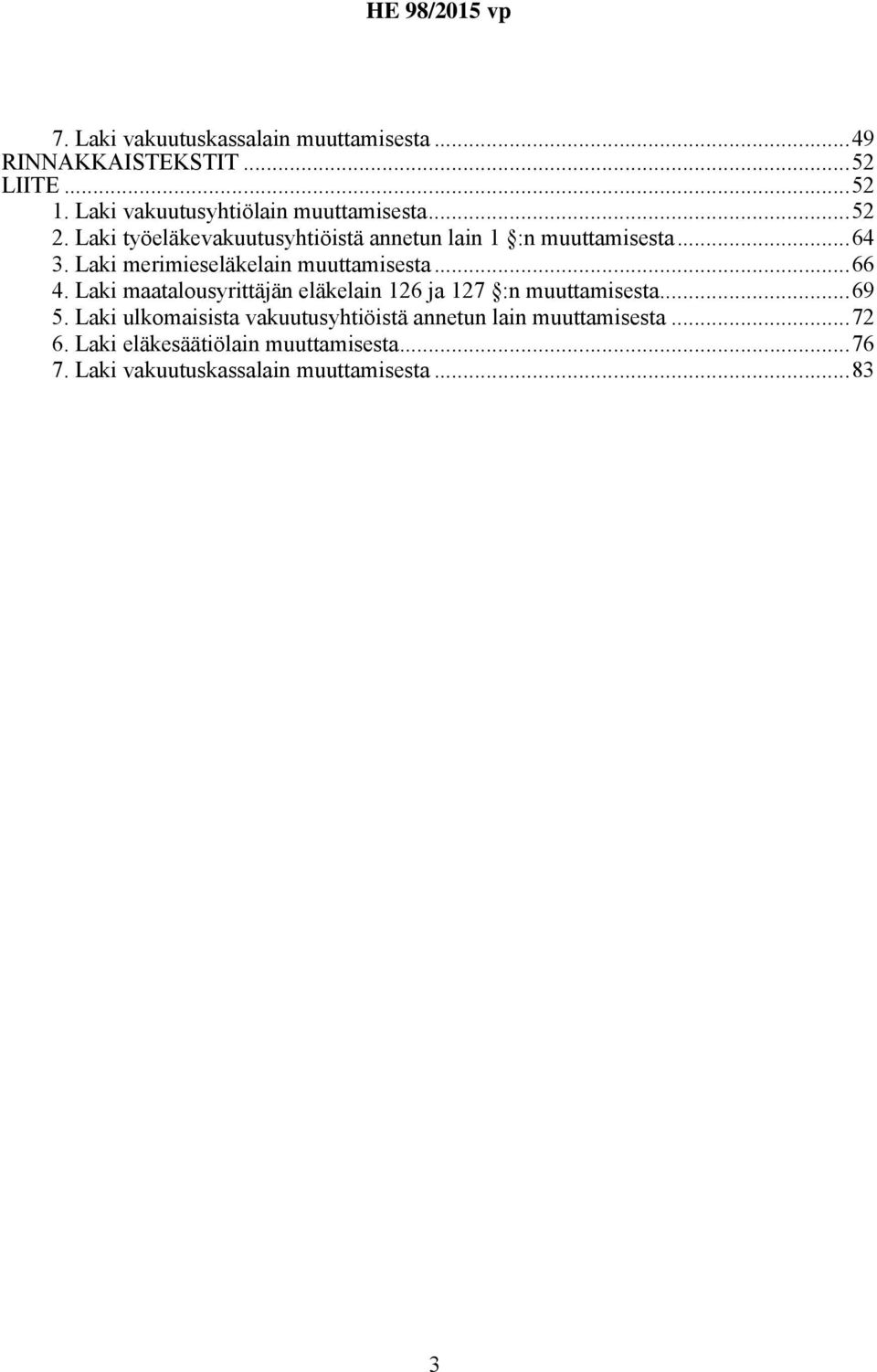 Laki merimieseläkelain muuttamisesta...66 4. Laki maatalousyrittäjän eläkelain 126 ja 127 :n muuttamisesta...69 5.