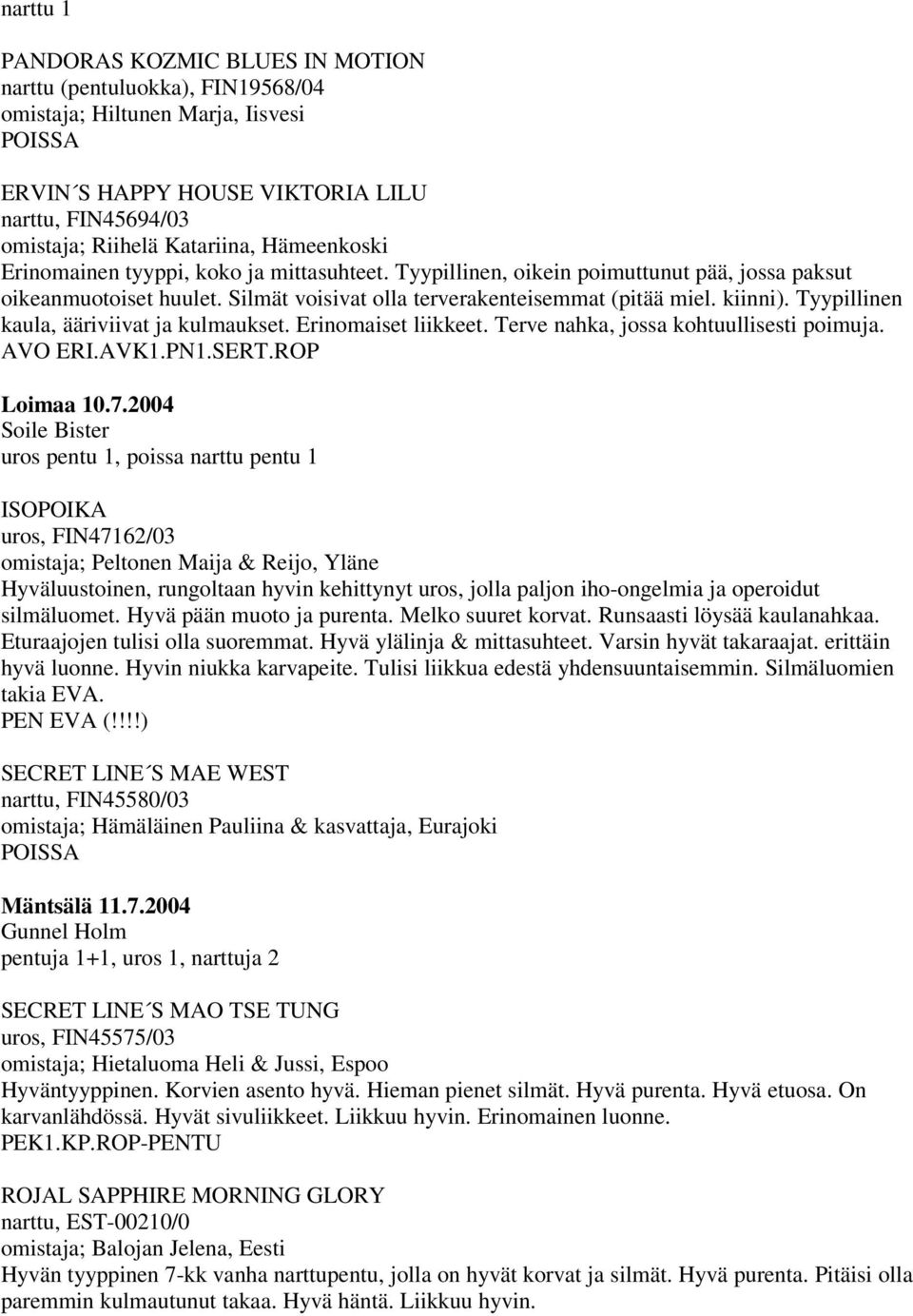 Tyypillinen kaula, ääriviivat ja kulmaukset. Erinomaiset liikkeet. Terve nahka, jossa kohtuullisesti poimuja. AVO ERI.AVK1.PN1.SERT.ROP Loimaa 10.7.