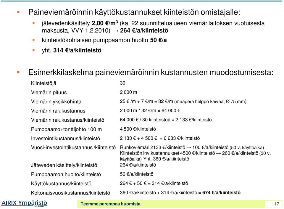kustannus 2 000 m * 32 /m = 64 000 Viemärin rak.