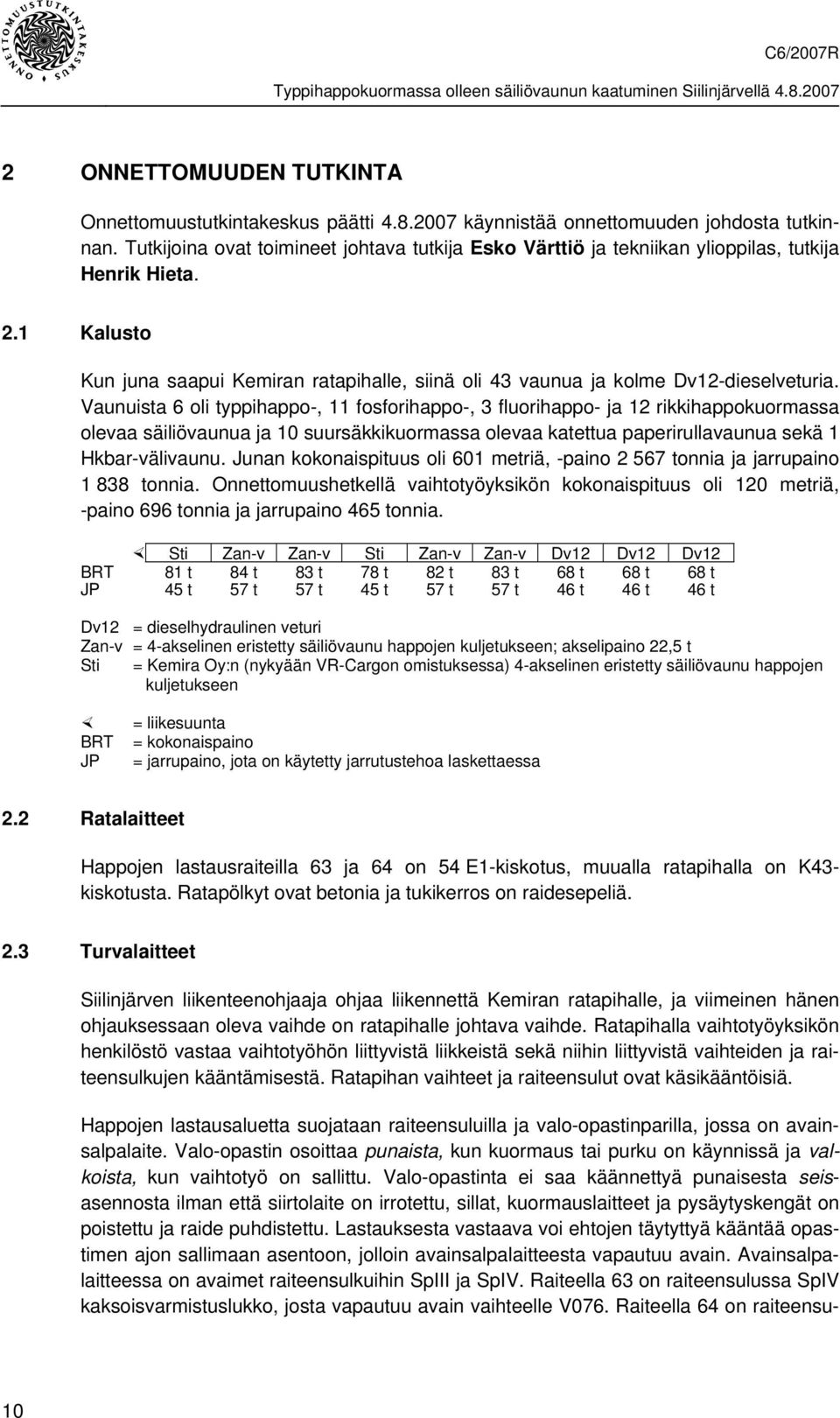 Vaunuista 6 oli typpihappo-, 11 fosforihappo-, 3 fluorihappo- ja 12 rikkihappokuormassa olevaa säiliövaunua ja 10 suursäkkikuormassa olevaa katettua paperirullavaunua sekä 1 Hkbar-välivaunu.