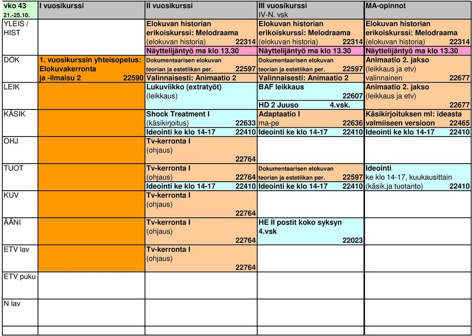 22314 (elokuvan historia) 22314 Näyttelijäntyö ma klo 13.30 Näyttelijäntyö ma klo 13.30 Näyttelijäntyö ma klo 13.30 DOK 1.